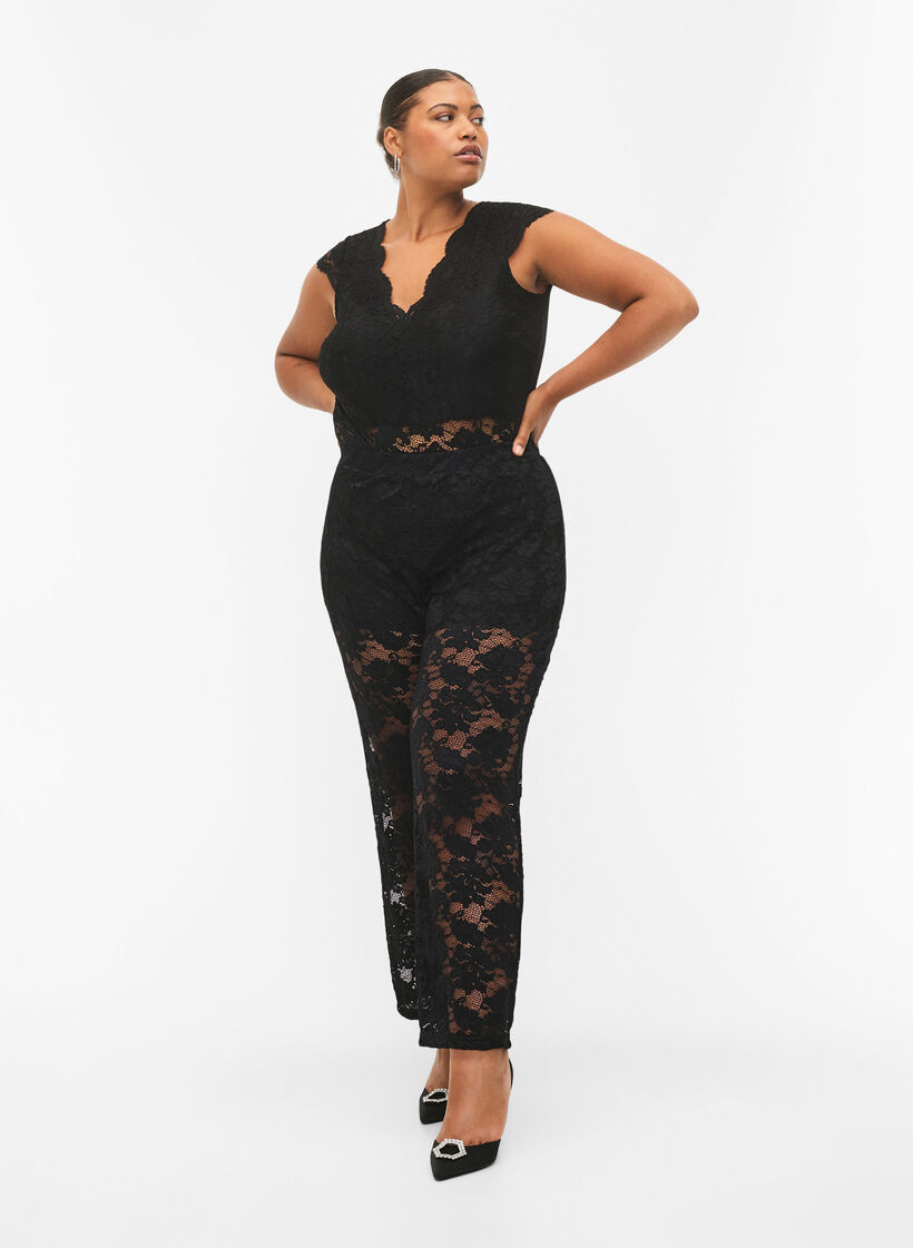 Bodystocking avec dentelle et décolleté en V, Black, Model image number 2