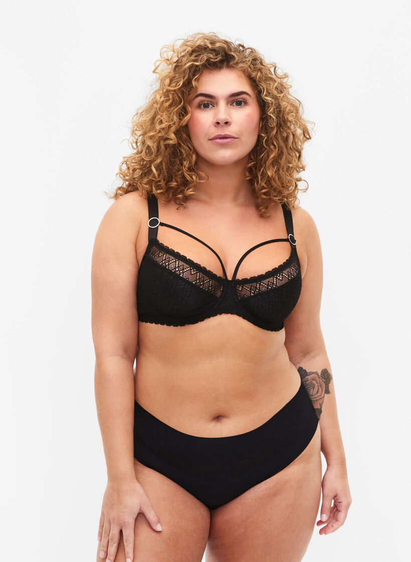 Spitzen-Balconette mit Stringdetails, Schwarz, Model image number 1