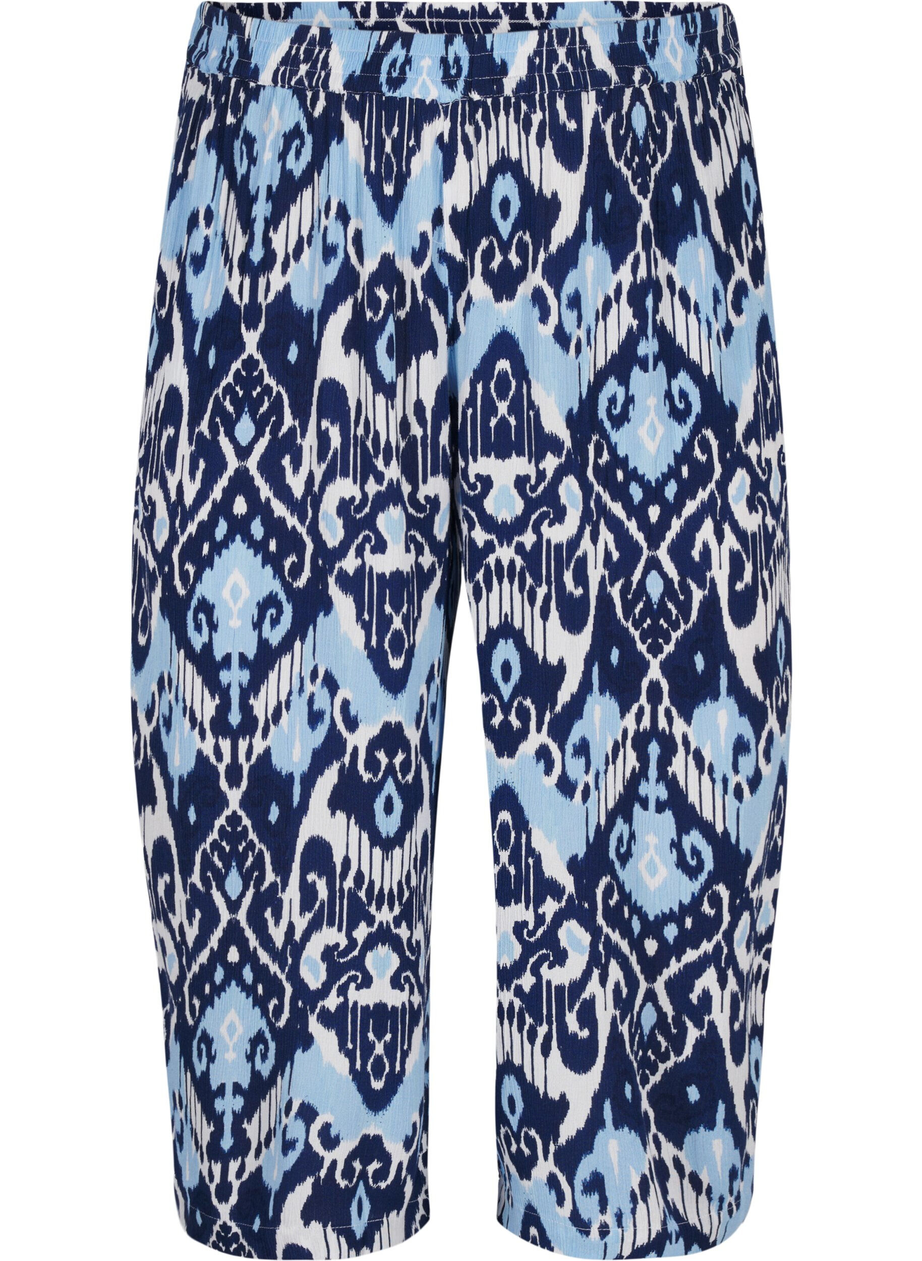 Zizzi Pantalon culotte en viscose avec imprim&eacute;, Blue Ethnic AOP, Packshot image number 0