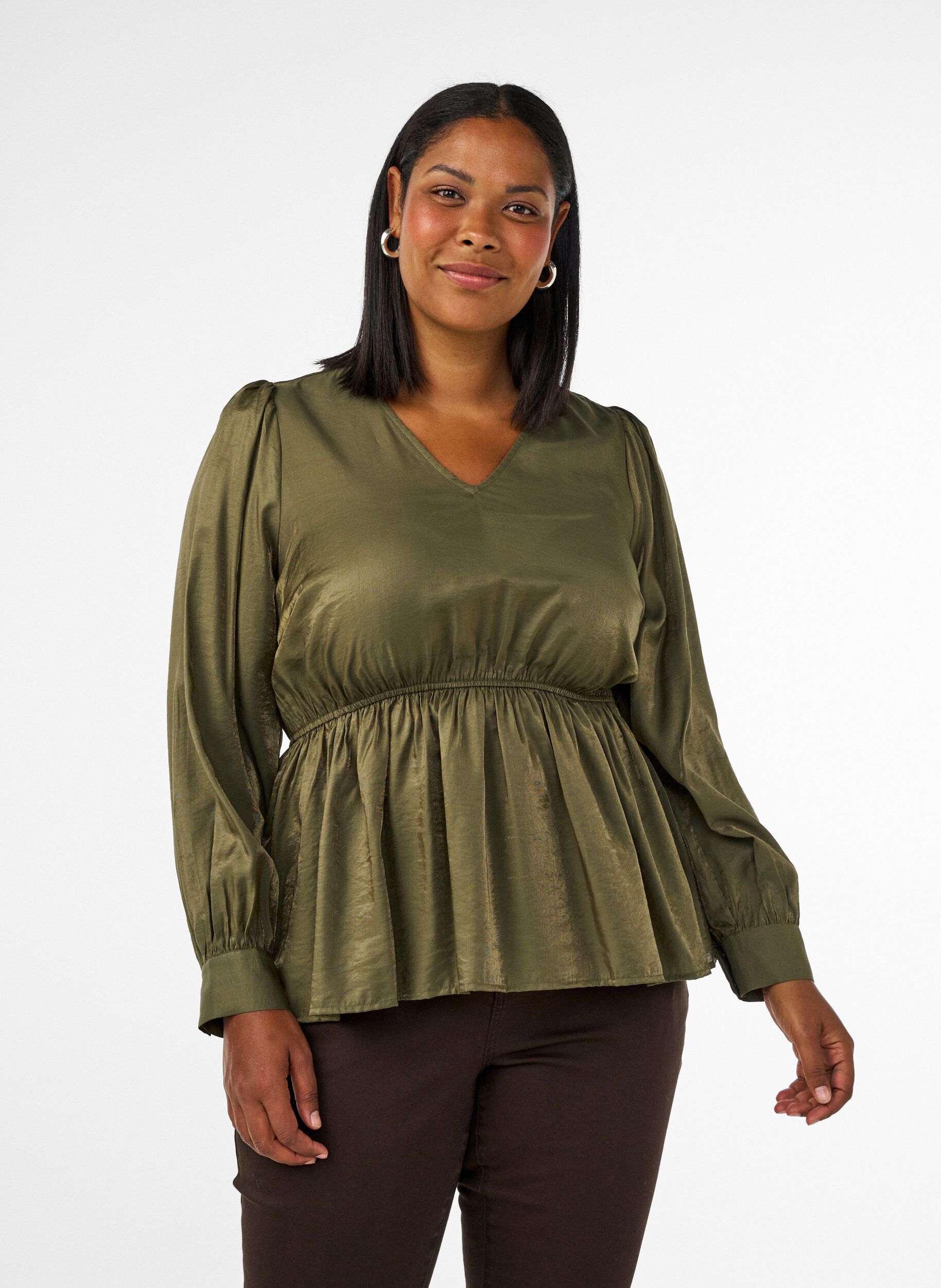 ZizziGl&auml;nzende Bluse aus Viskose mit Peplum-Effekt, Gr&uuml;n, Model image number 0