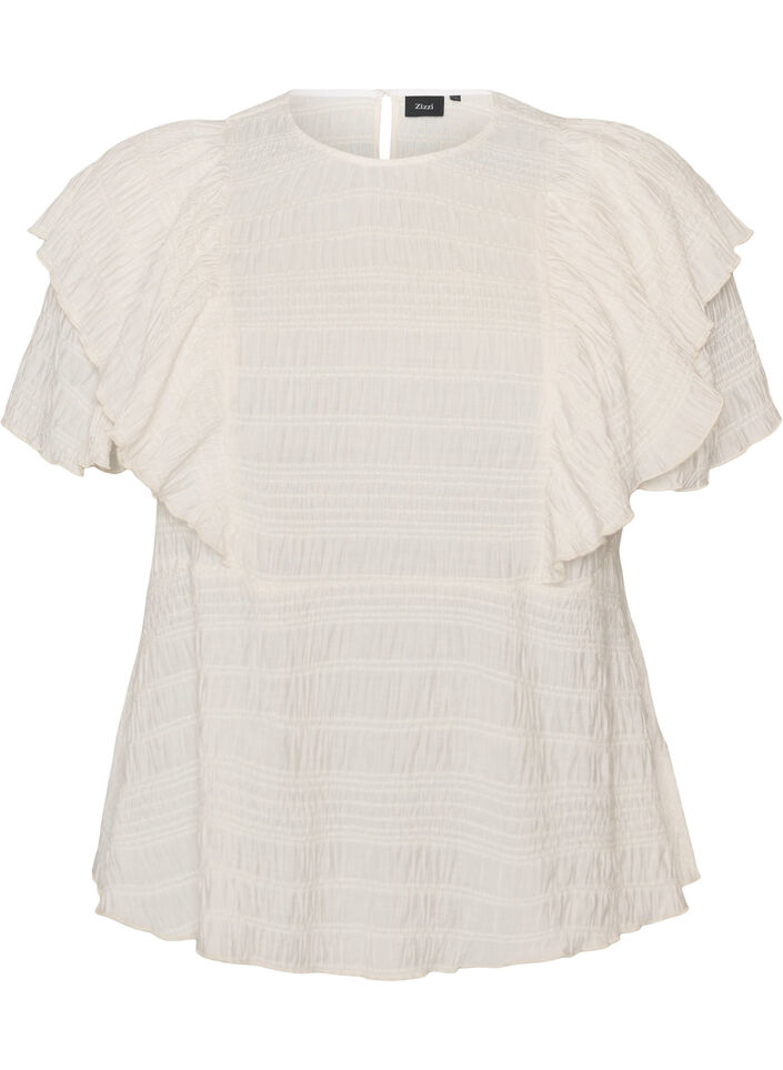 Blouse avec texture smock&eacute;e et manches &agrave; volants, Vanille, Packshot image number 0