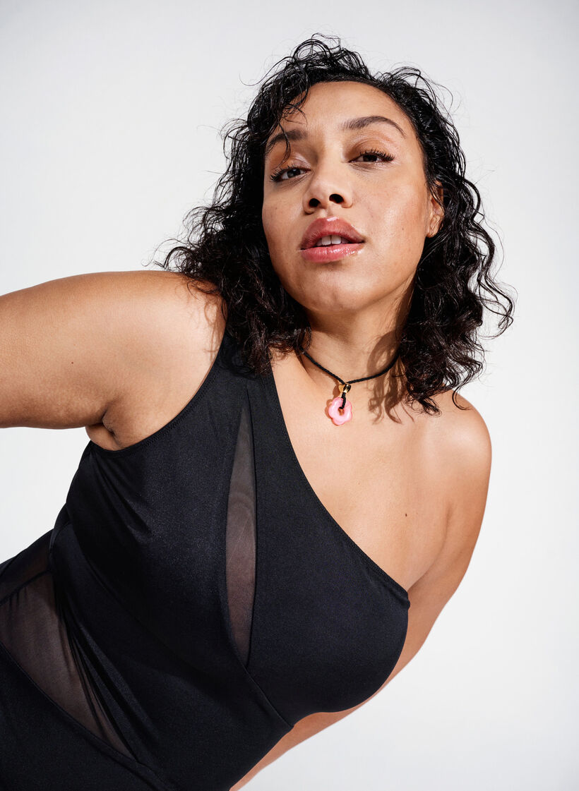 Maillot de bain uni-épaule en maille, Black, Image image number 0