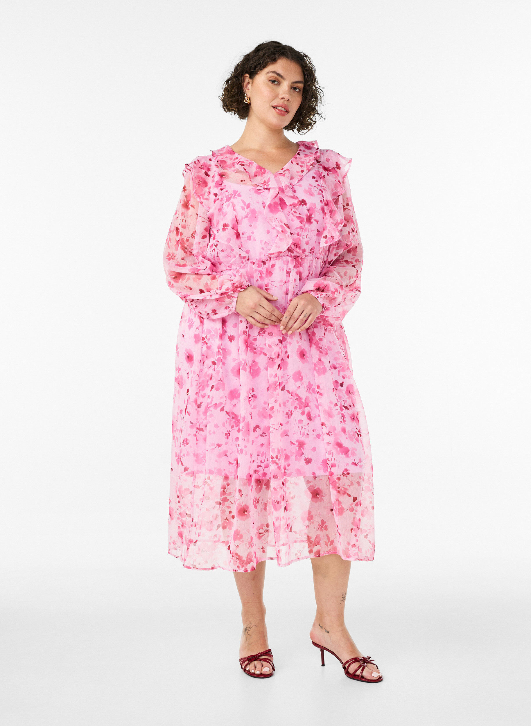 Robe en chiffon fleuri avec volants et manches longues, Rose, Model