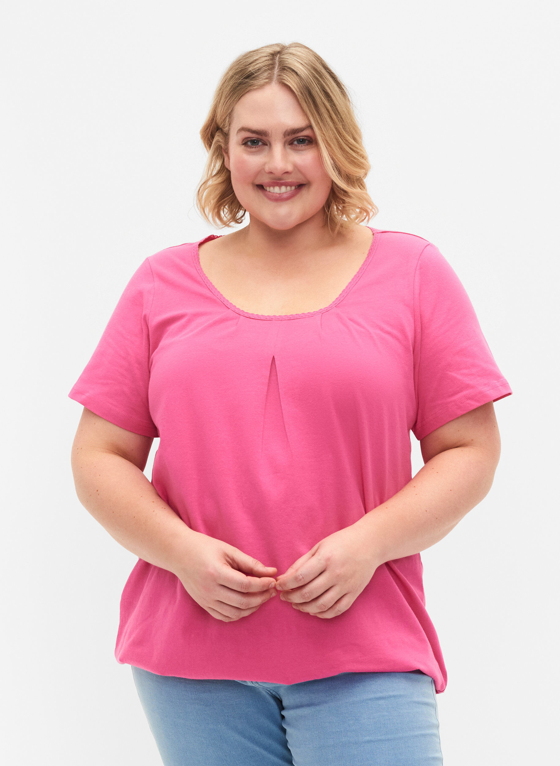 Zizzi Kurz&auml;rmeliges T-Shirt aus Baumwolle, Shocking Pink, Model image number 0
