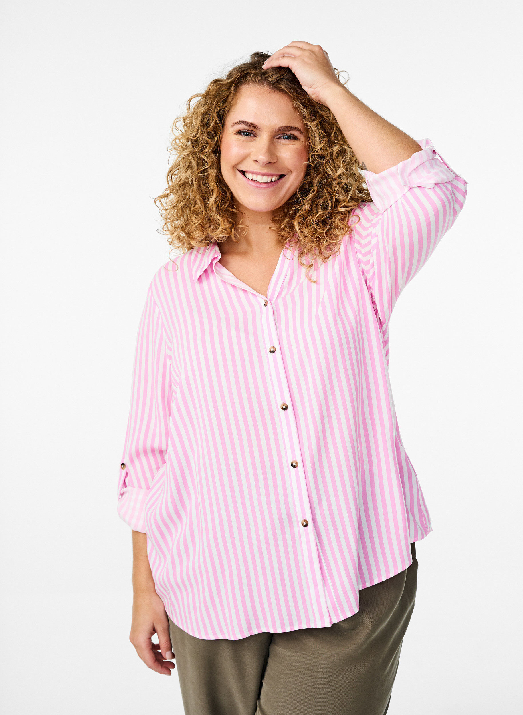 Zizzi FLASH - Chemise ray&eacute;e avec manches retrouss&eacute;es, Rose, Model image number 0