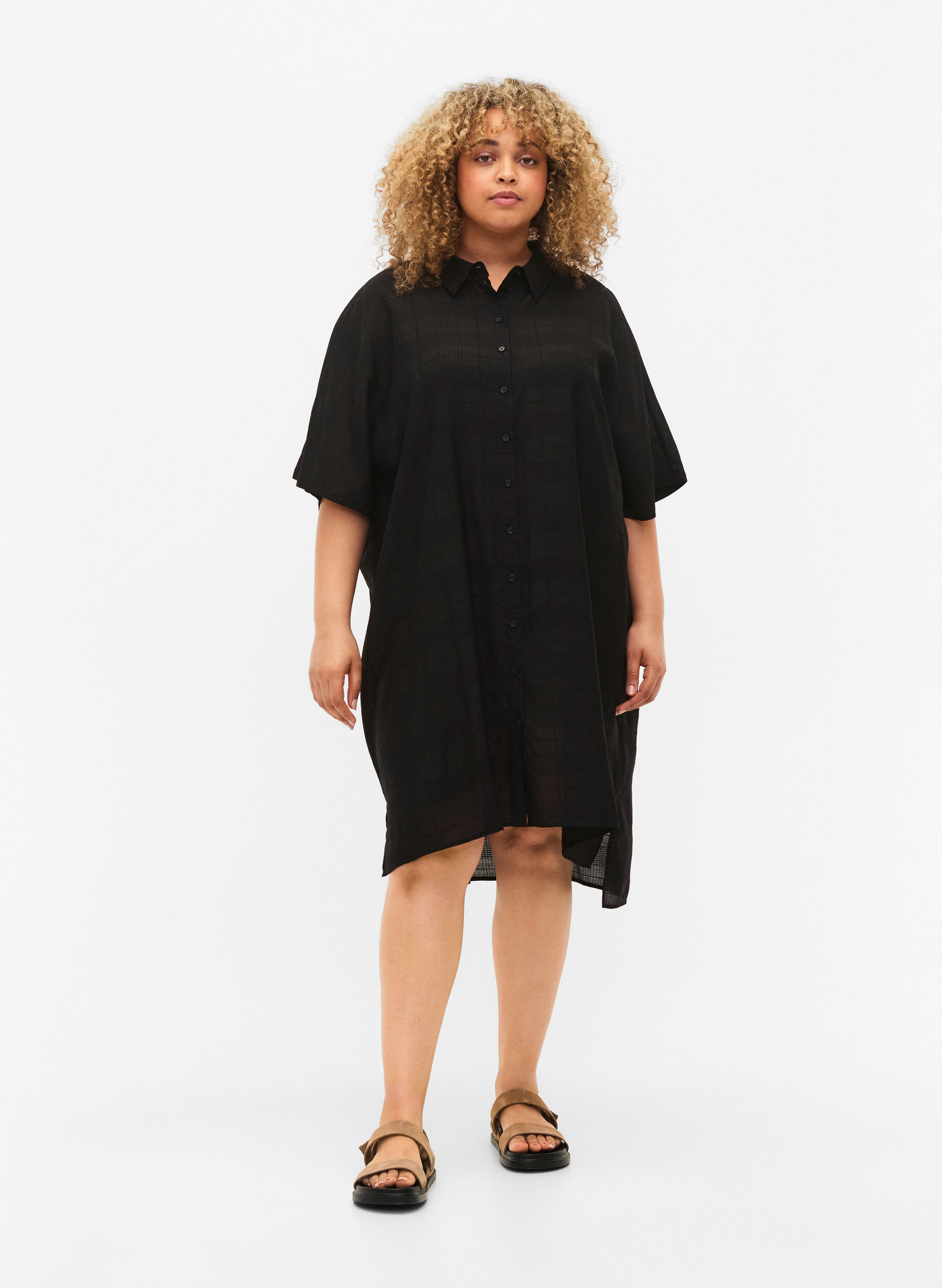 Zizzi Chemise longue en viscose avec structure, Black, Model image number 2