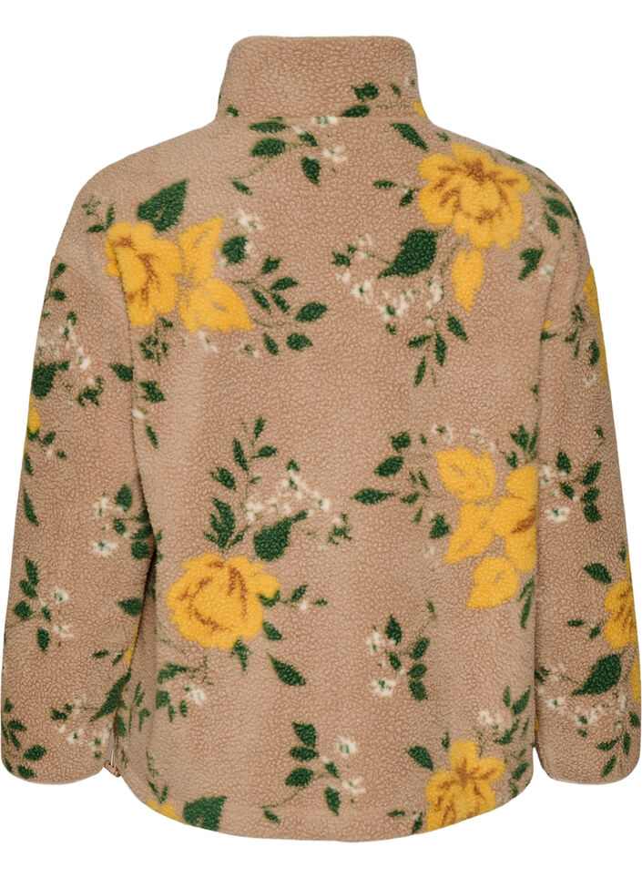 Gebl&uuml;mte Fleecejacke mit hohem Kragen und Rei&szlig;verschluss, Beige, Packshot image number 1