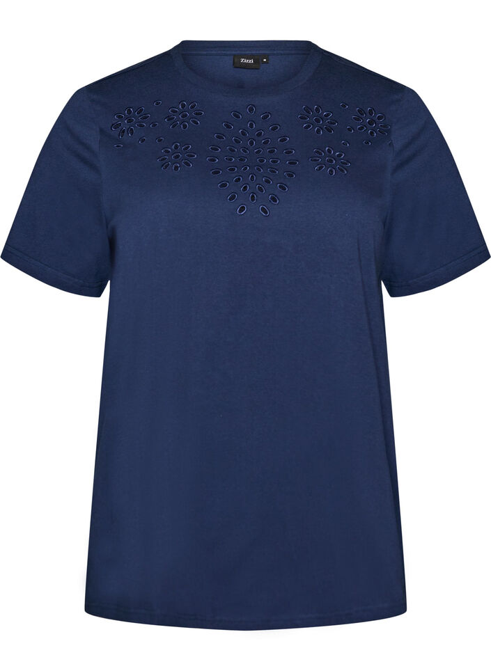 T-Shirt aus Bio-Baumwolle mit Lochstickerei, Blau, Packshot image number 0