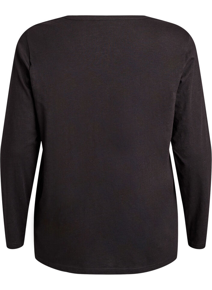 T-shirt &agrave; manches longues avec col V et boutons, Noir, Packshot image number 1
