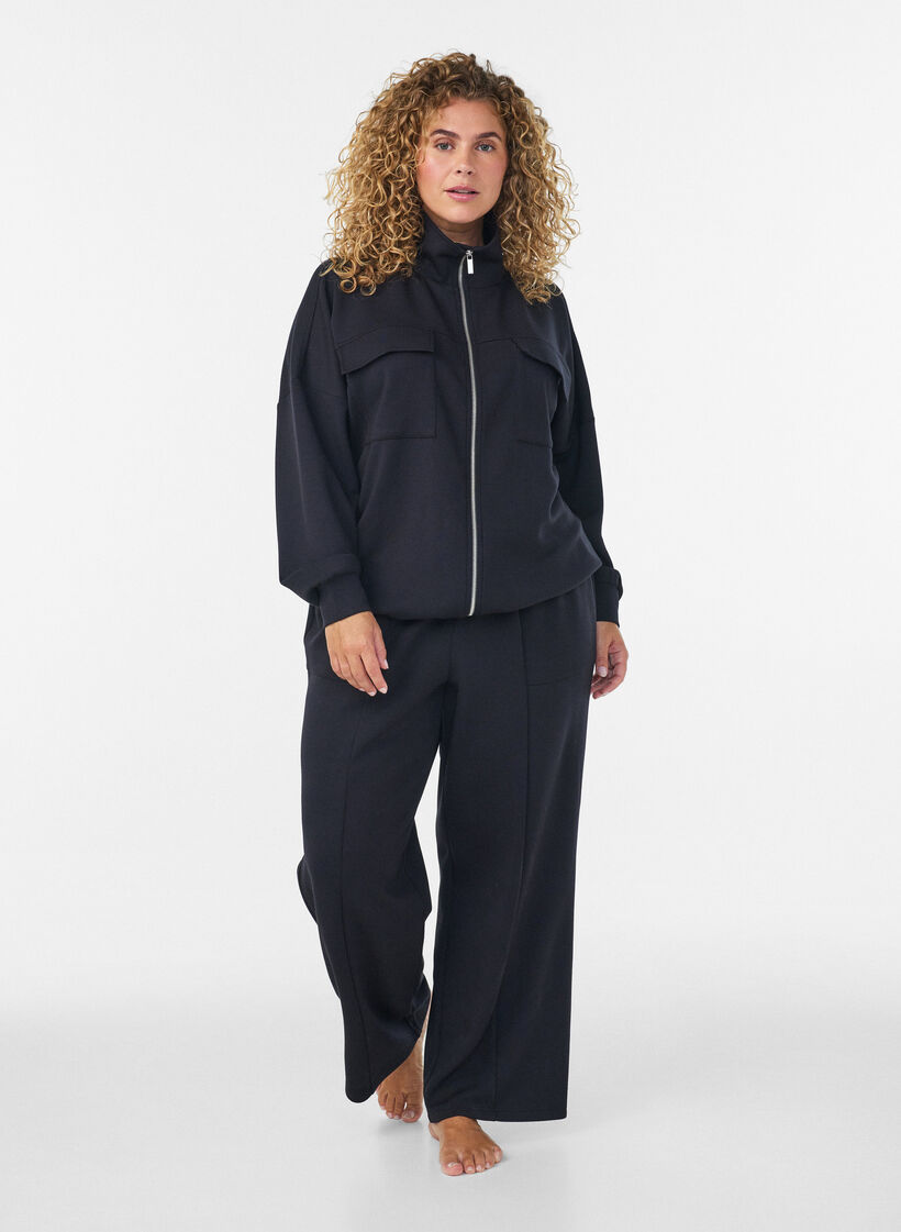 Pantalon ample en jersey taille haute avec poches, Noir, Model image number 0