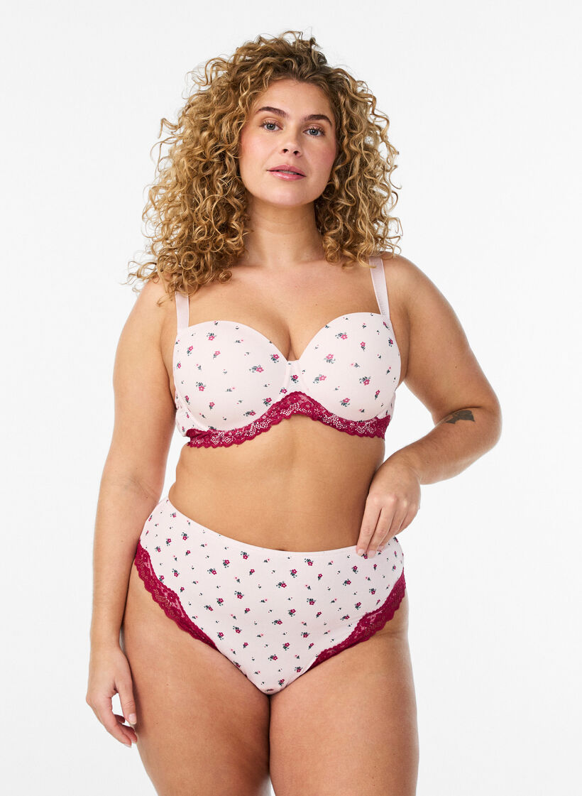 Culotte br&eacute;silienne avec imprim&eacute; floral et dentelle, Rose, Model image number 0