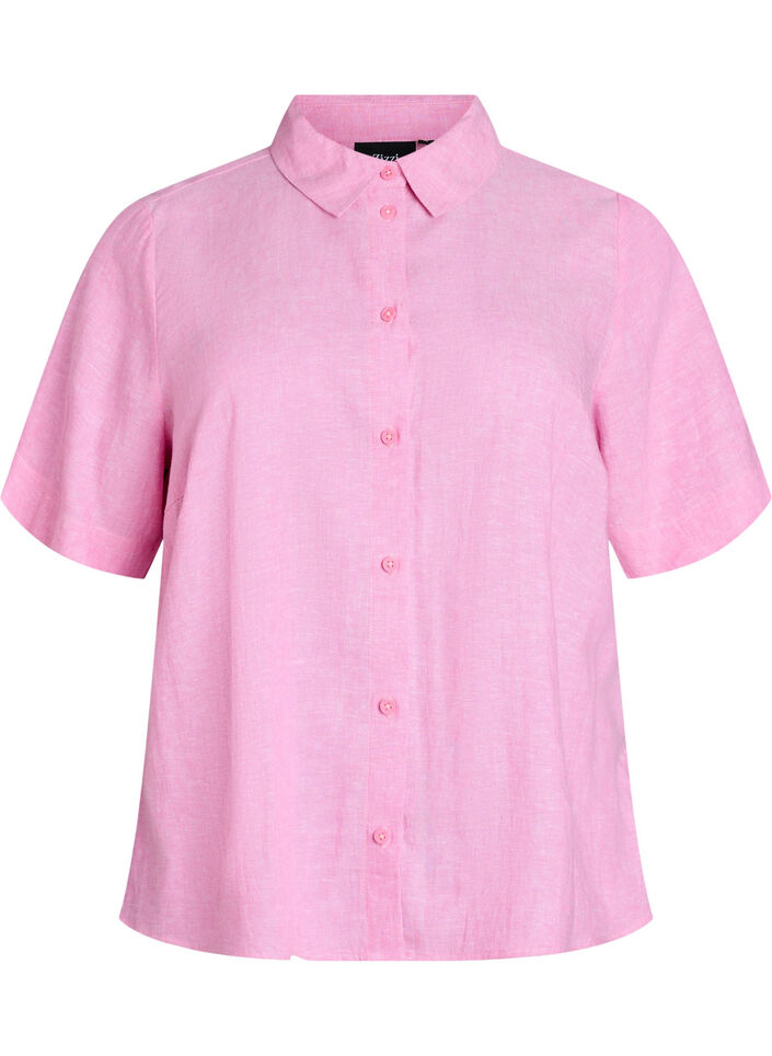 Chemise &agrave; manches courtes en lin et viscose, Rose, Packshot image number 0
