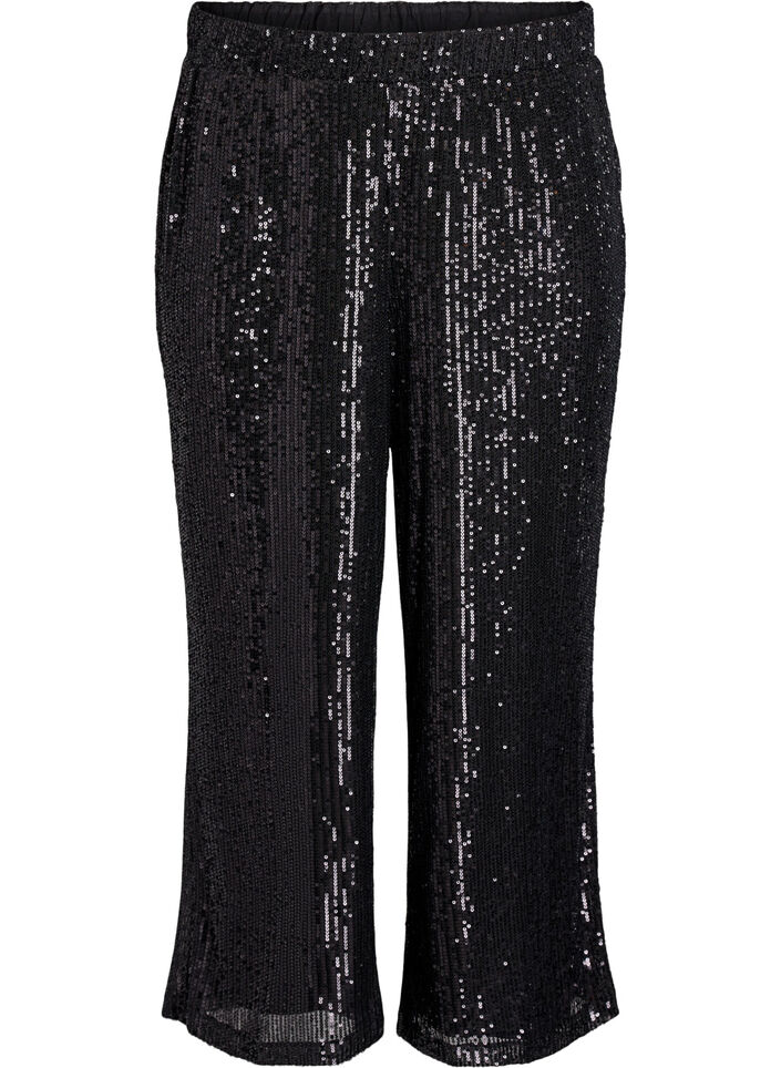 Hoch taillierte Paillettenhose mit weiten Beinen, Schwarz, Packshot image number 0