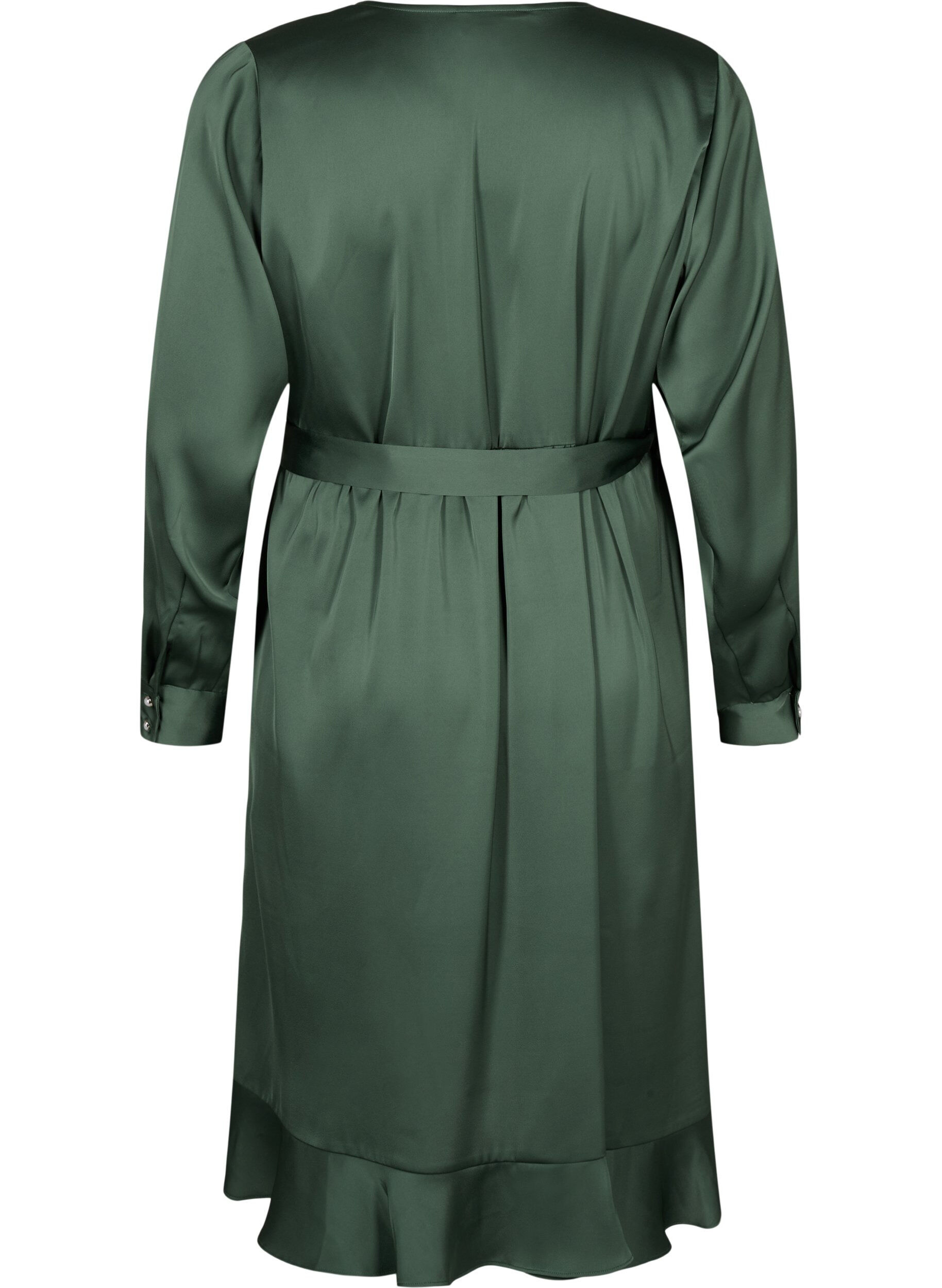 Zizzi Lang&auml;rmliges Wickelkleid aus Satin, Duck Green, Packshot image number 1