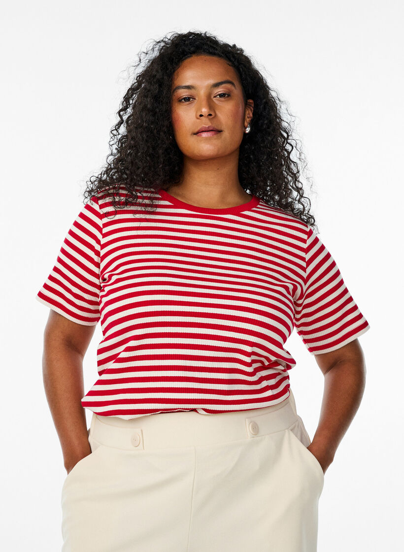 Gestreiftes T-Shirt mit gerippter Struktur, Rot, Model image number 0