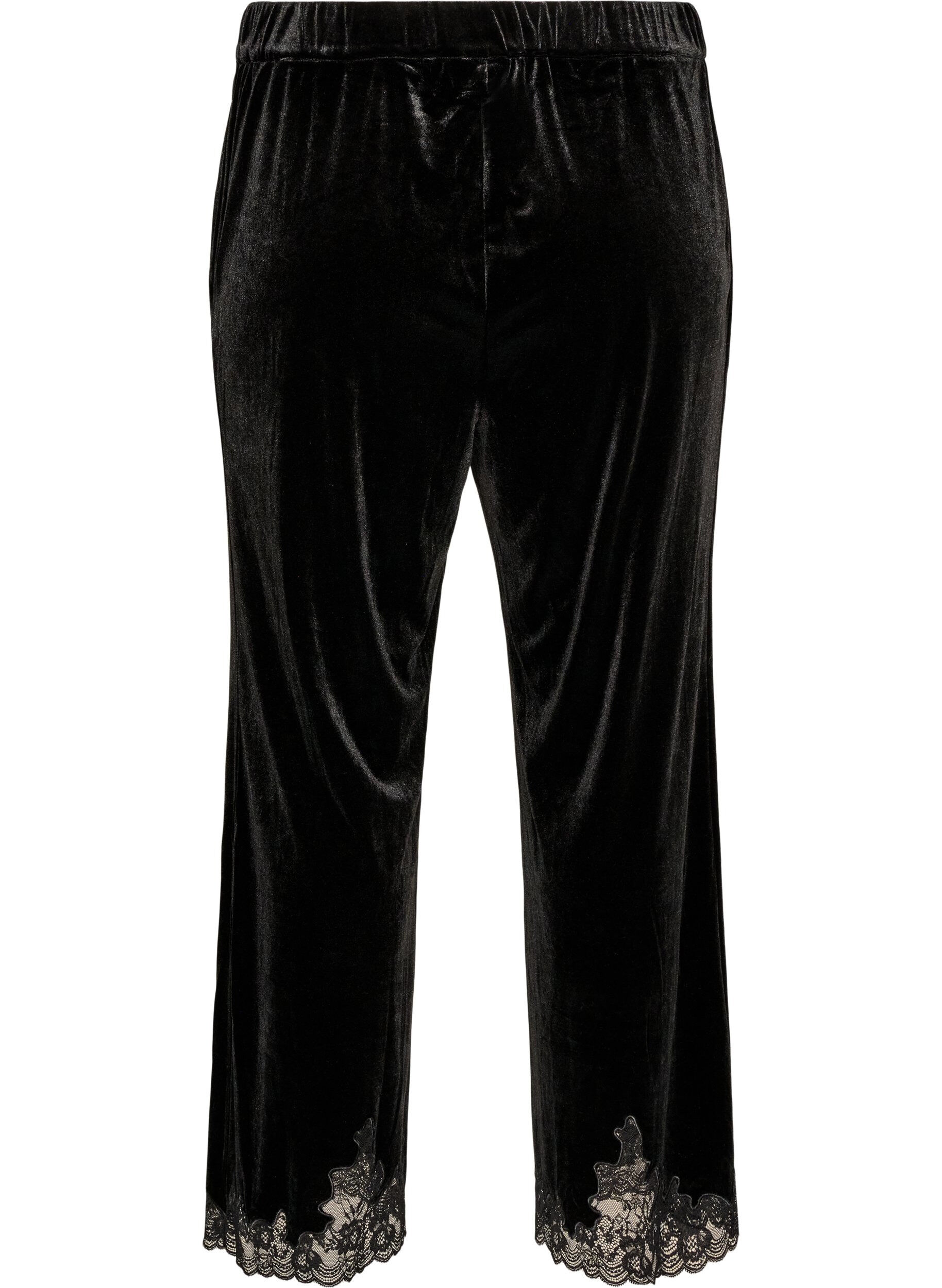 ZizziPantalon en velours coupe ample avec finitions en dentelle, Noir, Packshot image number 1