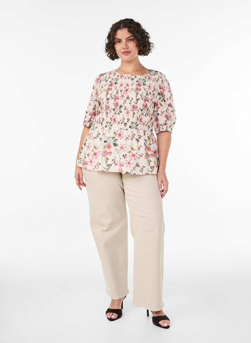 Bluse aus Viskose mit Smock und Peplum-Effekt, Vanille, Model image number 1