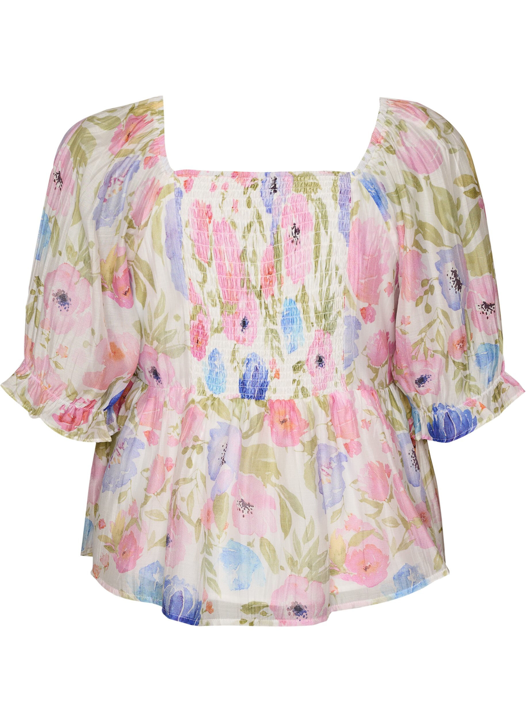 Zizzi Bluse aus Lyocell mit Blumenprint und Herzausschnitt, Wei&szlig;, Packshot image number 1