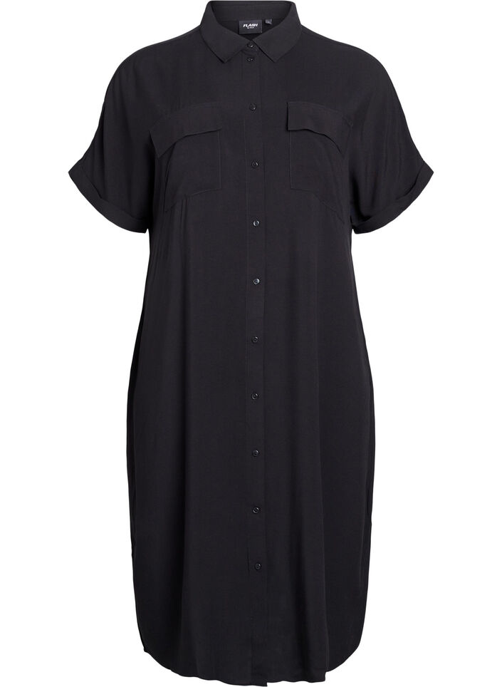 Robe chemise longue avec manches courtes, Noir, Packshot image number 0