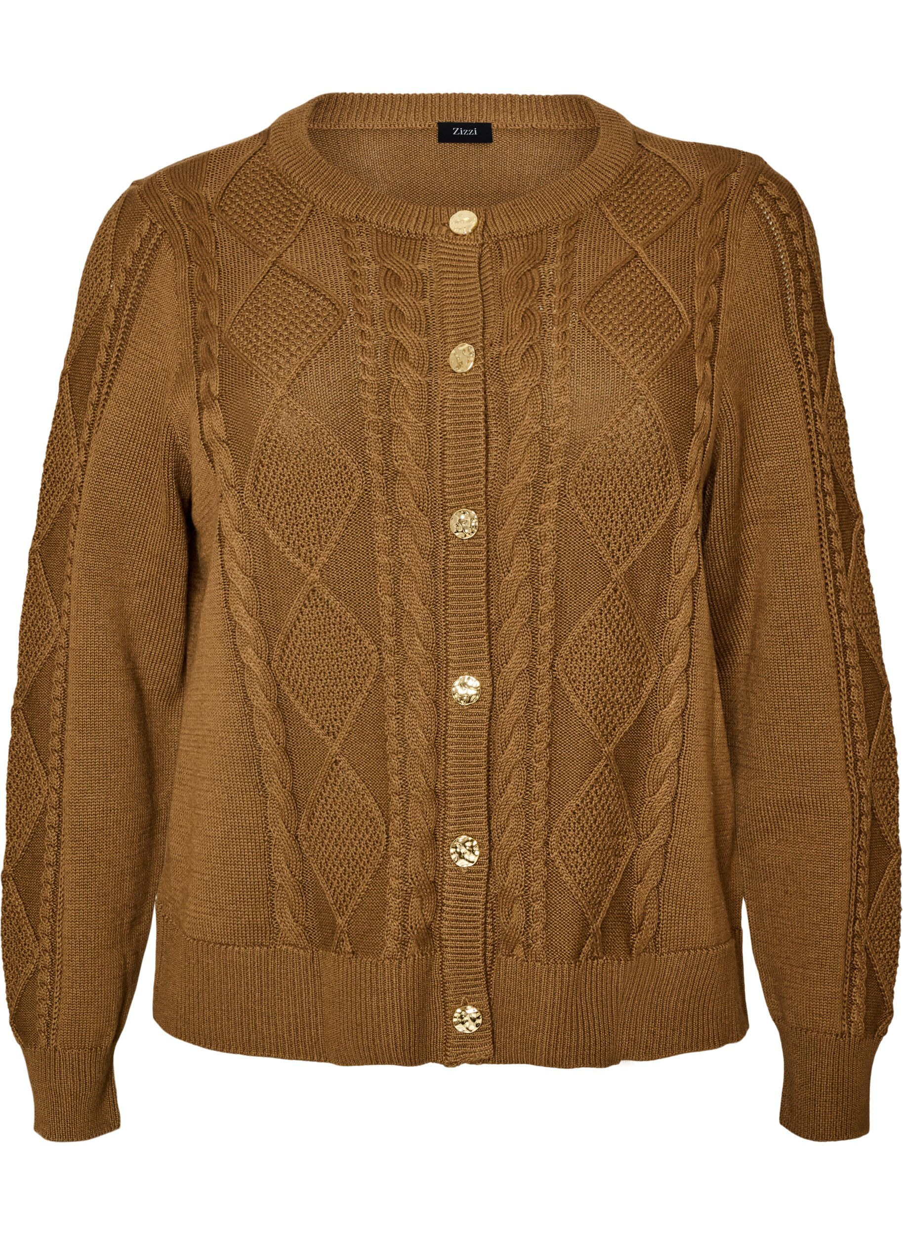 ZizziStrickjacke mit Zopfmuster und dekorativen Kn&ouml;pfen, Braun, Packshot image number 0