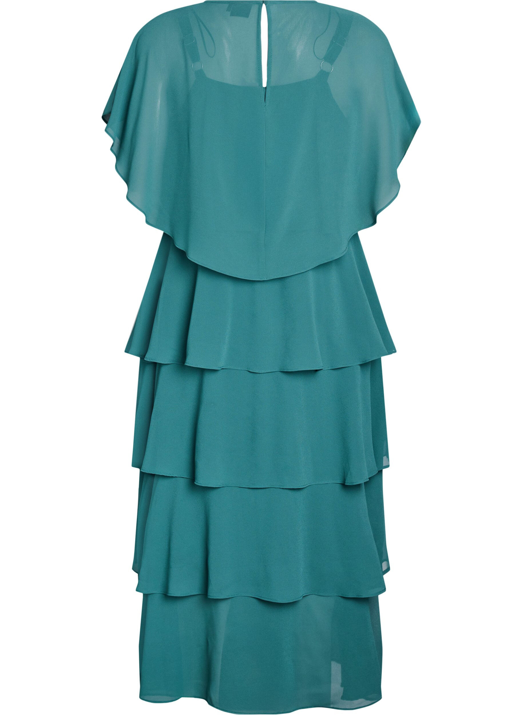 Zizzi Robe maxi avec plusieurs couches de volants et cape amovible, Vert fonc&eacute;, Packshot image number 1