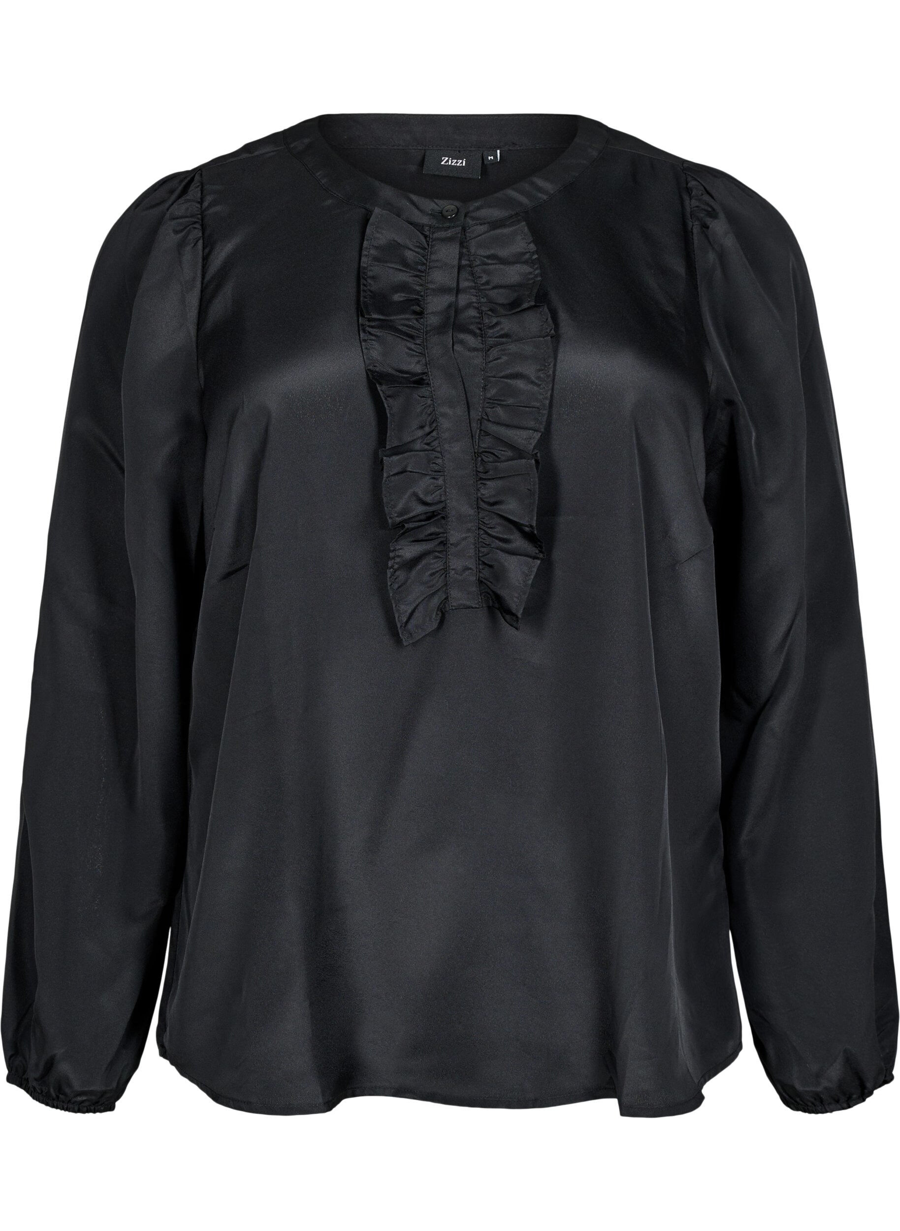 Zizzi Satinbluse mit Volantdetails, Black, Packshot image number 0