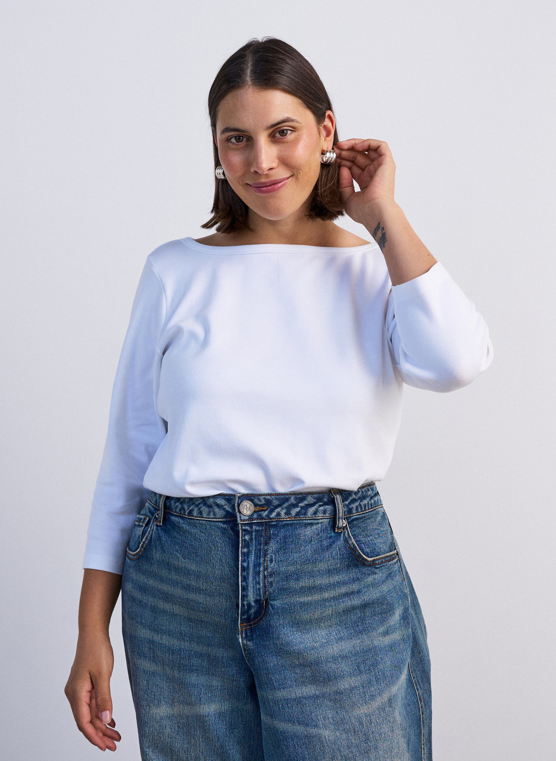 ZizziT-shirt basic &agrave; encolure bateau et manches 3/4, Blanc, Model image number 0