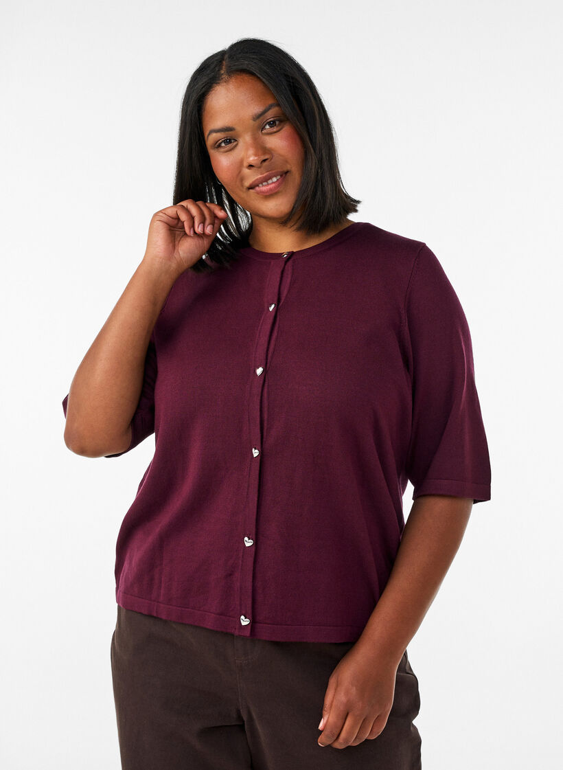 Cardigan en maille avec boutons c&oelig;ur et manches courtes, Bordeaux, Model image number 0
