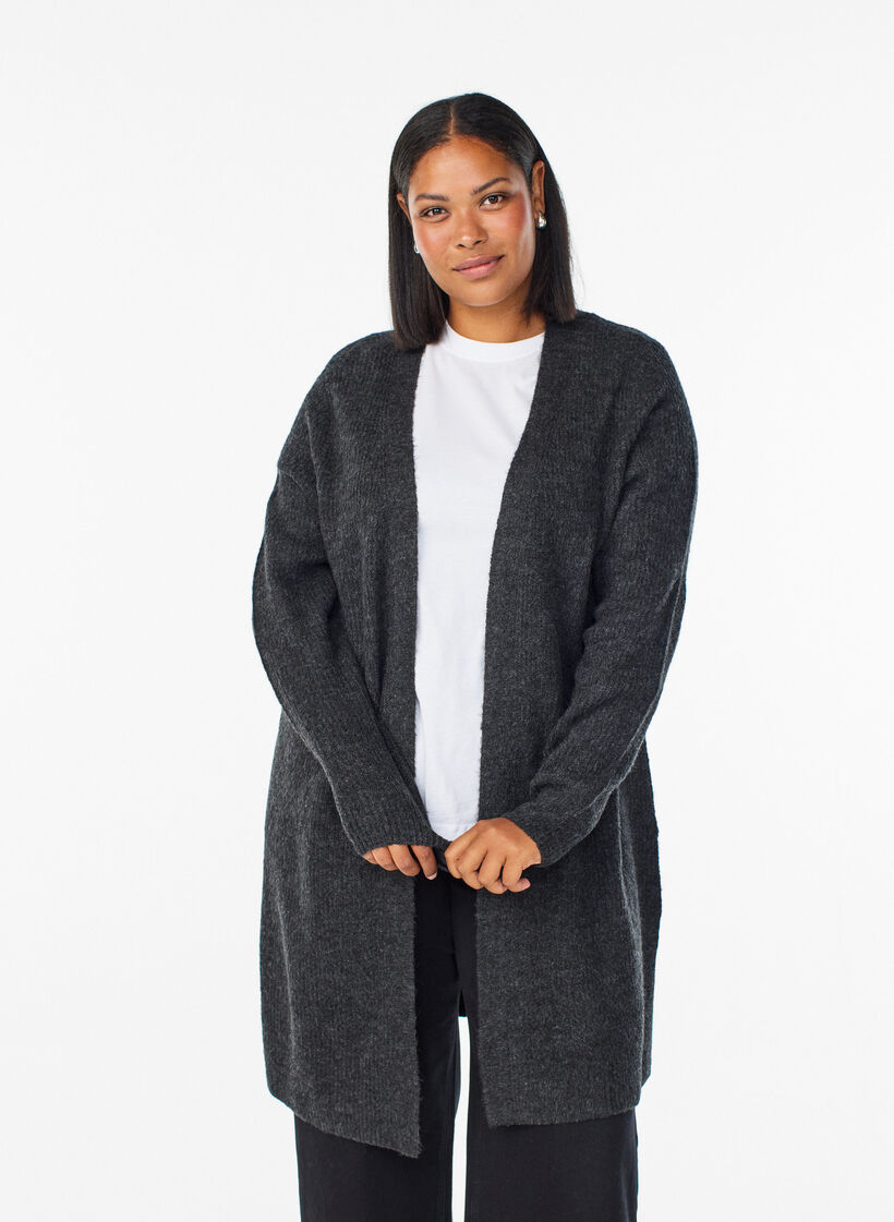 Langer Rippstrick-Cardigan mit offener Front, Grau, Model image number 0