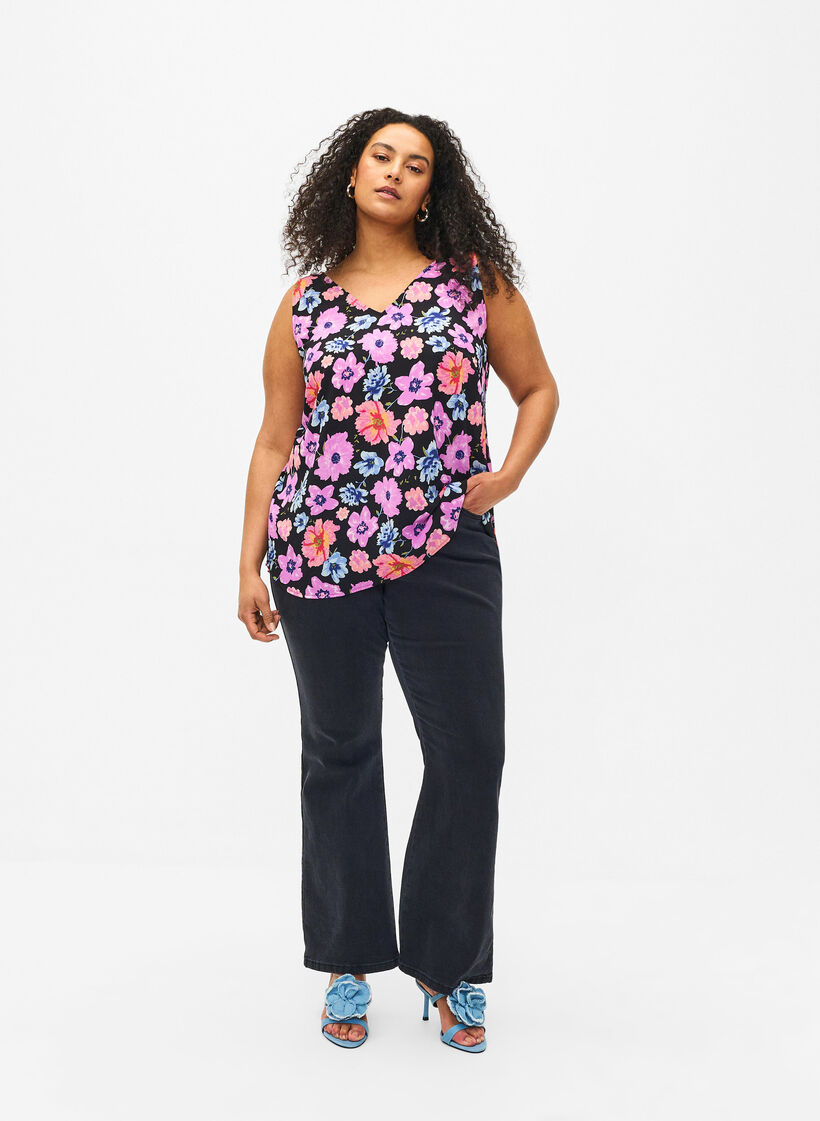 Top floral avec col en V, Black Big Flower AOP, Model image number 2
