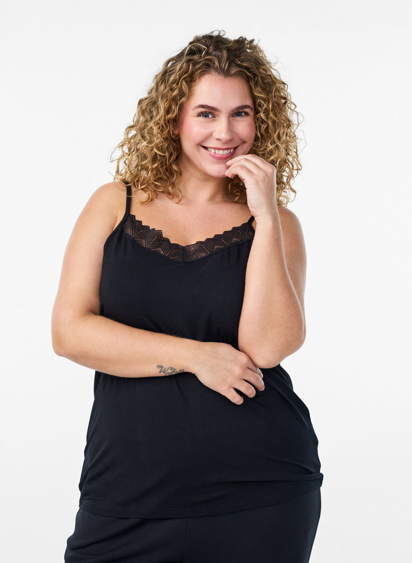 Top avec d&eacute;tails en dentelle et bretelles spaghetti, 0199, Model image number 0