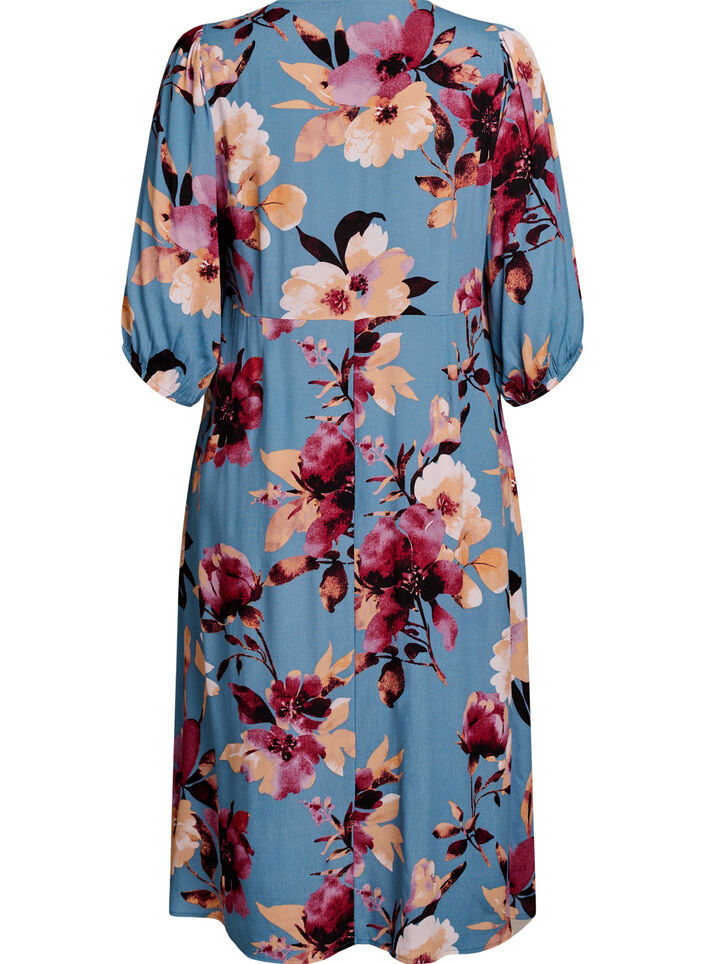Robe mi-longue avec imprim&eacute; floral et manches 3/4, Bleu, Packshot image number 1