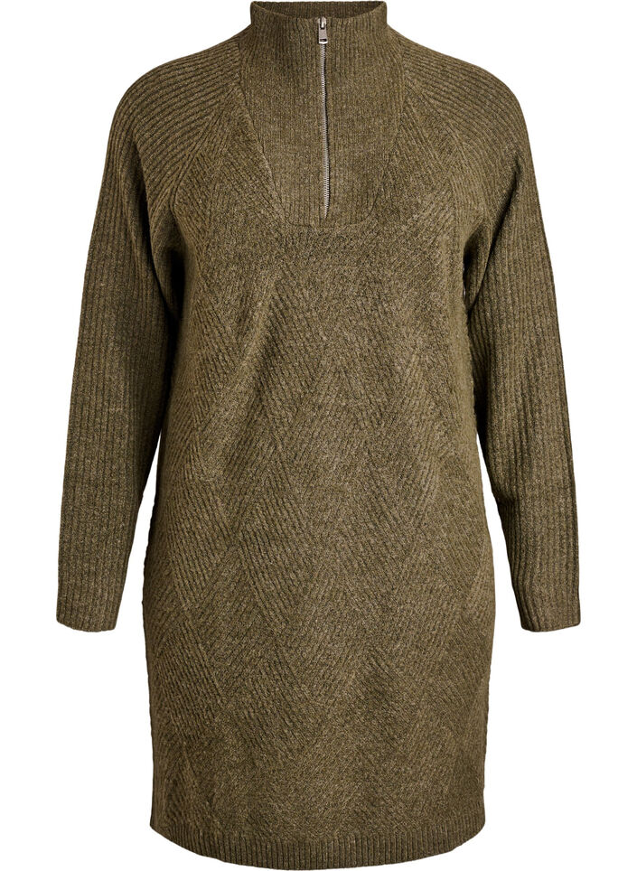 Knielanges Strickkleid mit hohem Kragen, Grün, Packshot image number 0