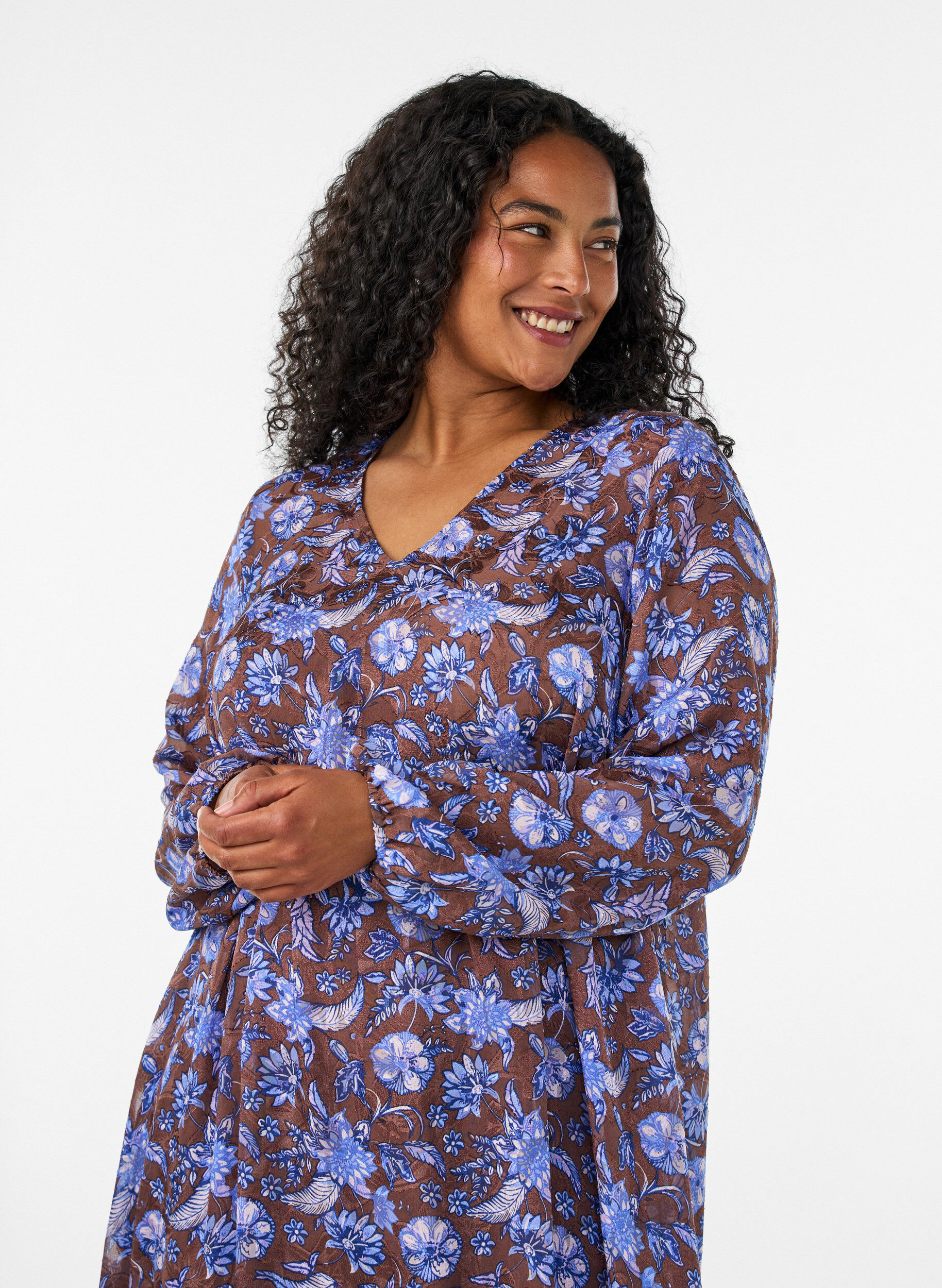 ZizziRobe midi &agrave; imprim&eacute; floral avec ourlet &agrave; volants, Marron, Model image number 2