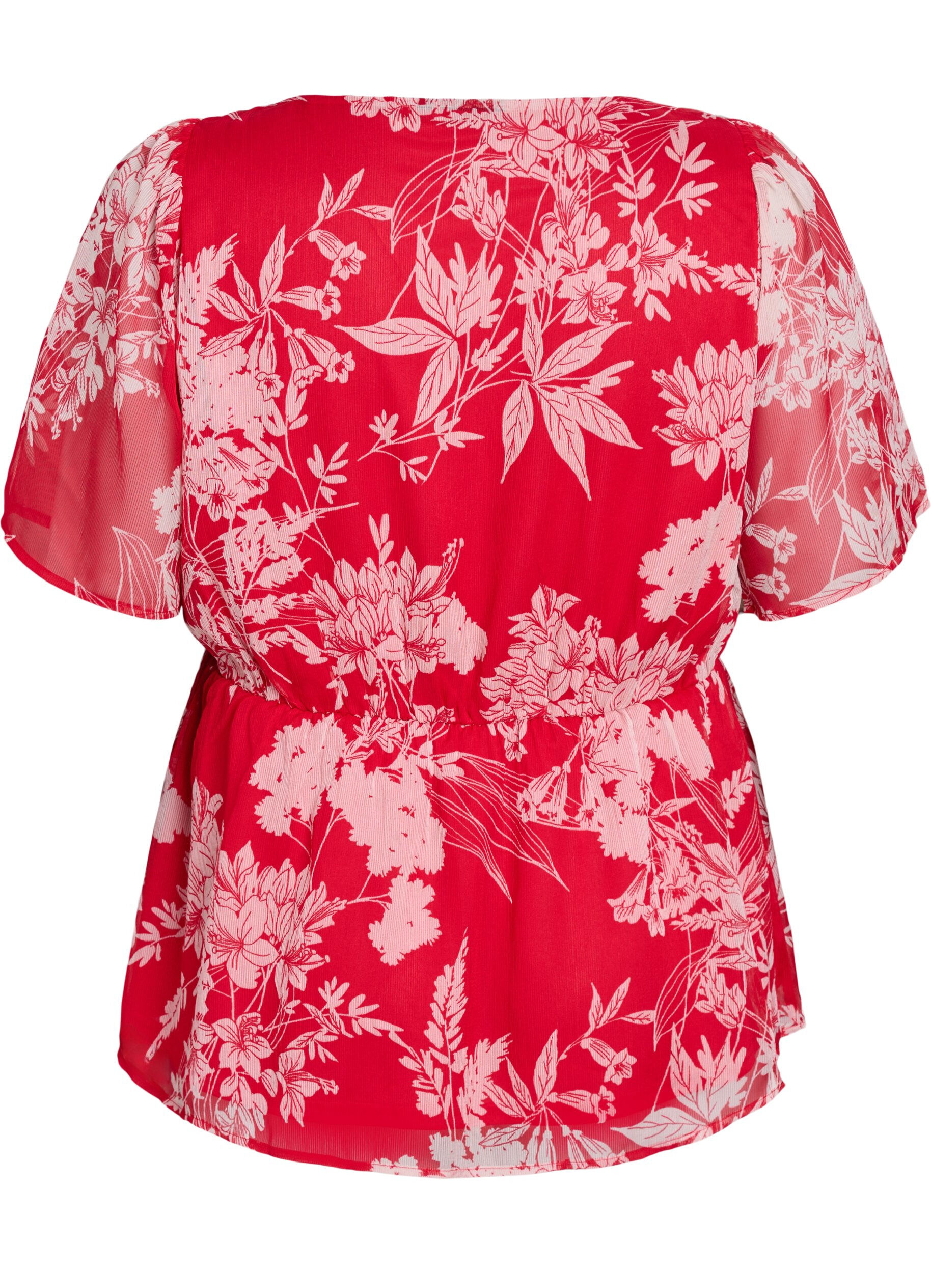 Zizzi Chiffonbluse mit Blumenmuster und elastischer Taille, Rot, Packshot image number 1
