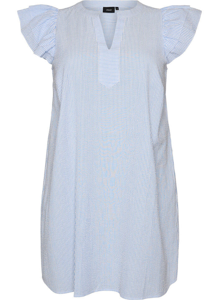 Gestreiftes Kleid aus Baumwolle mit R&uuml;schen und A-Linien-Schnitt, Blau, Packshot image number 0