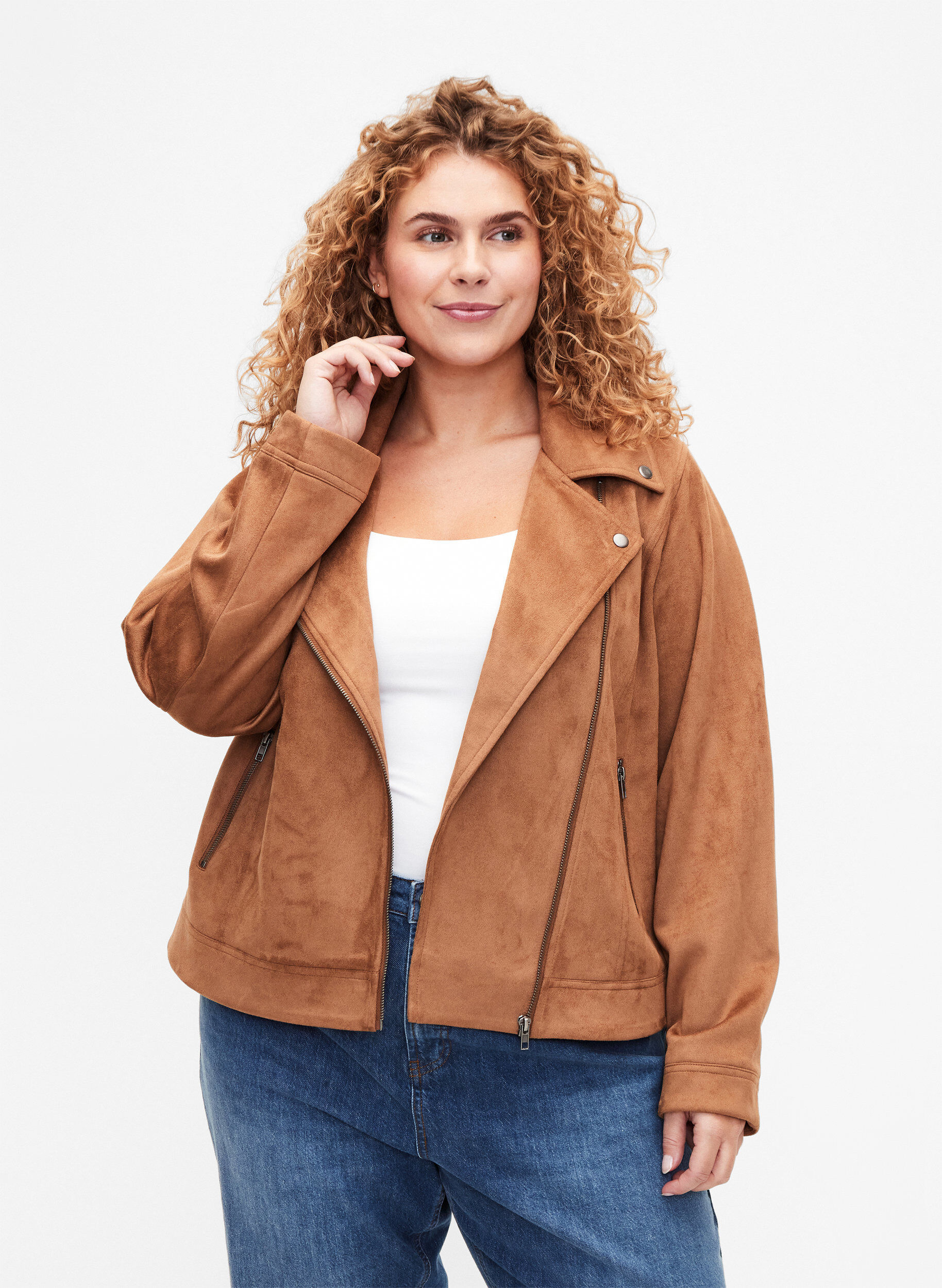Zizzi Veste de motard en faux daim, Toasted Coconut, Model image number 0