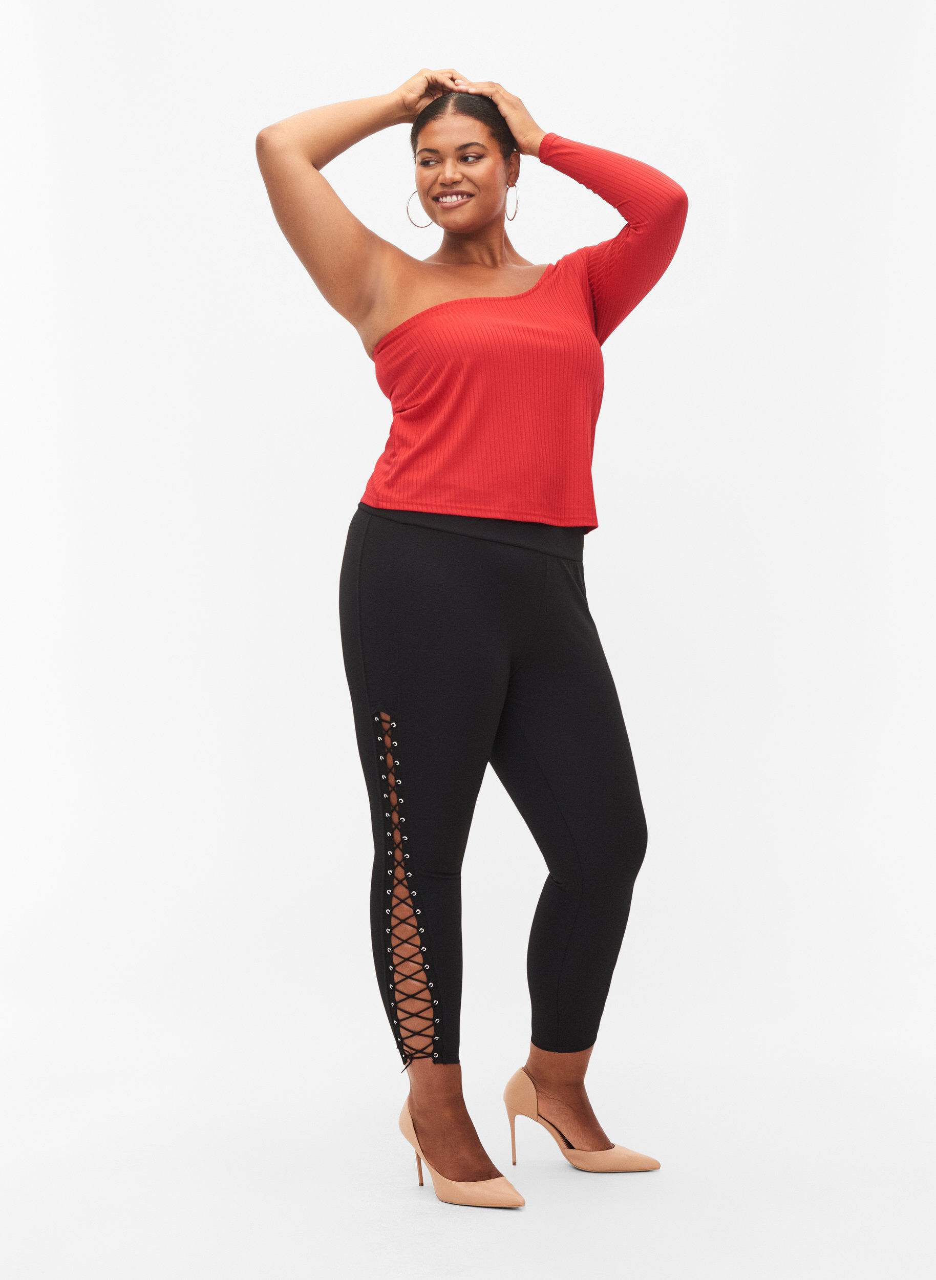 Zizzi Blouse &agrave; une &eacute;paule, Tango Red, Model image number 3