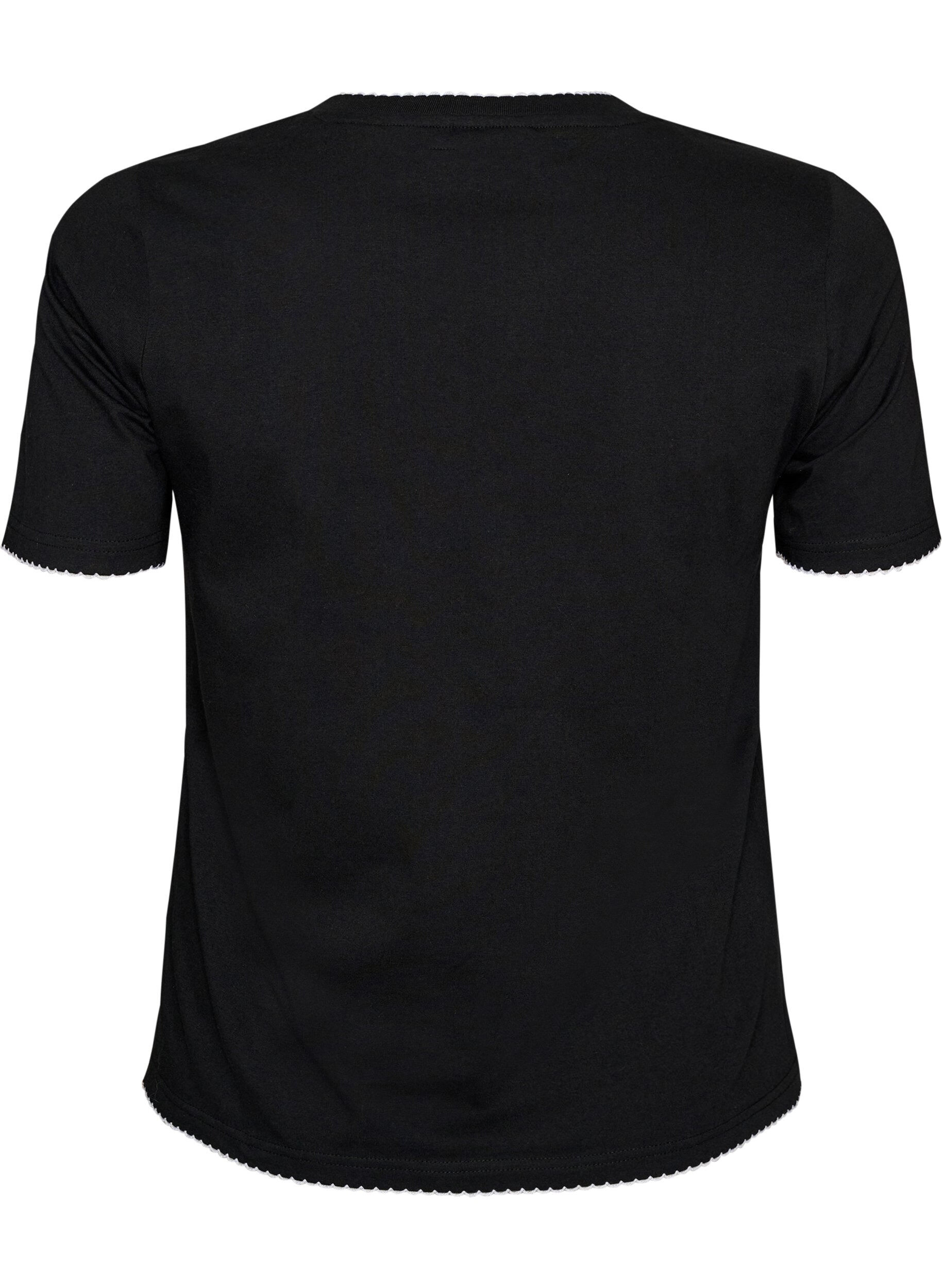 ZizziT-shirt en coton avec bords ondul&eacute;s contrastants, Noir, Packshot image number 1