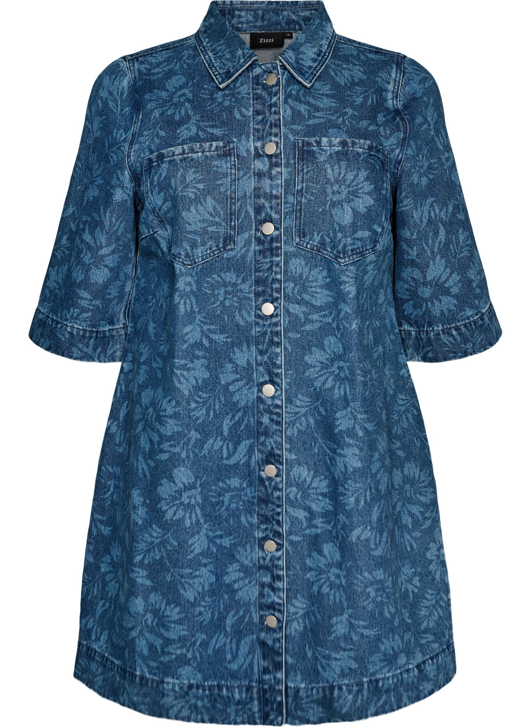 Robe en jean &agrave; imprim&eacute; floral avec poches poitrine