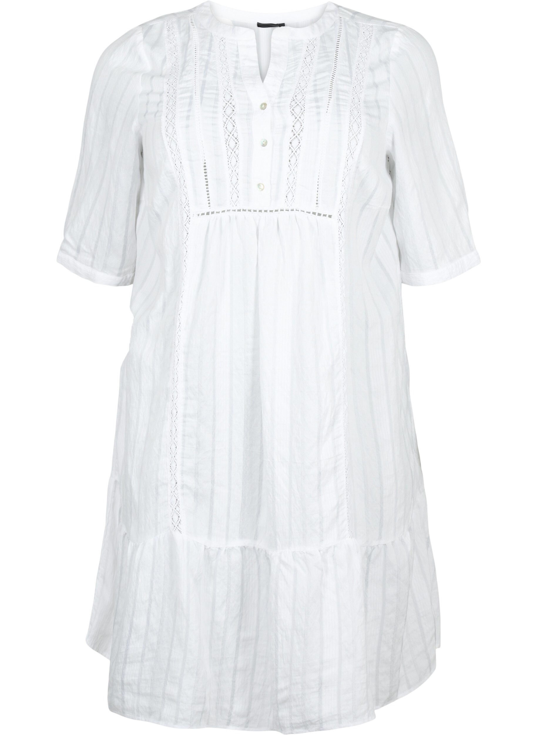Zizzi Gestreiftes Viskose Kleid mit Spitzenb&auml;ndern, Bright White, Packshot image number 0