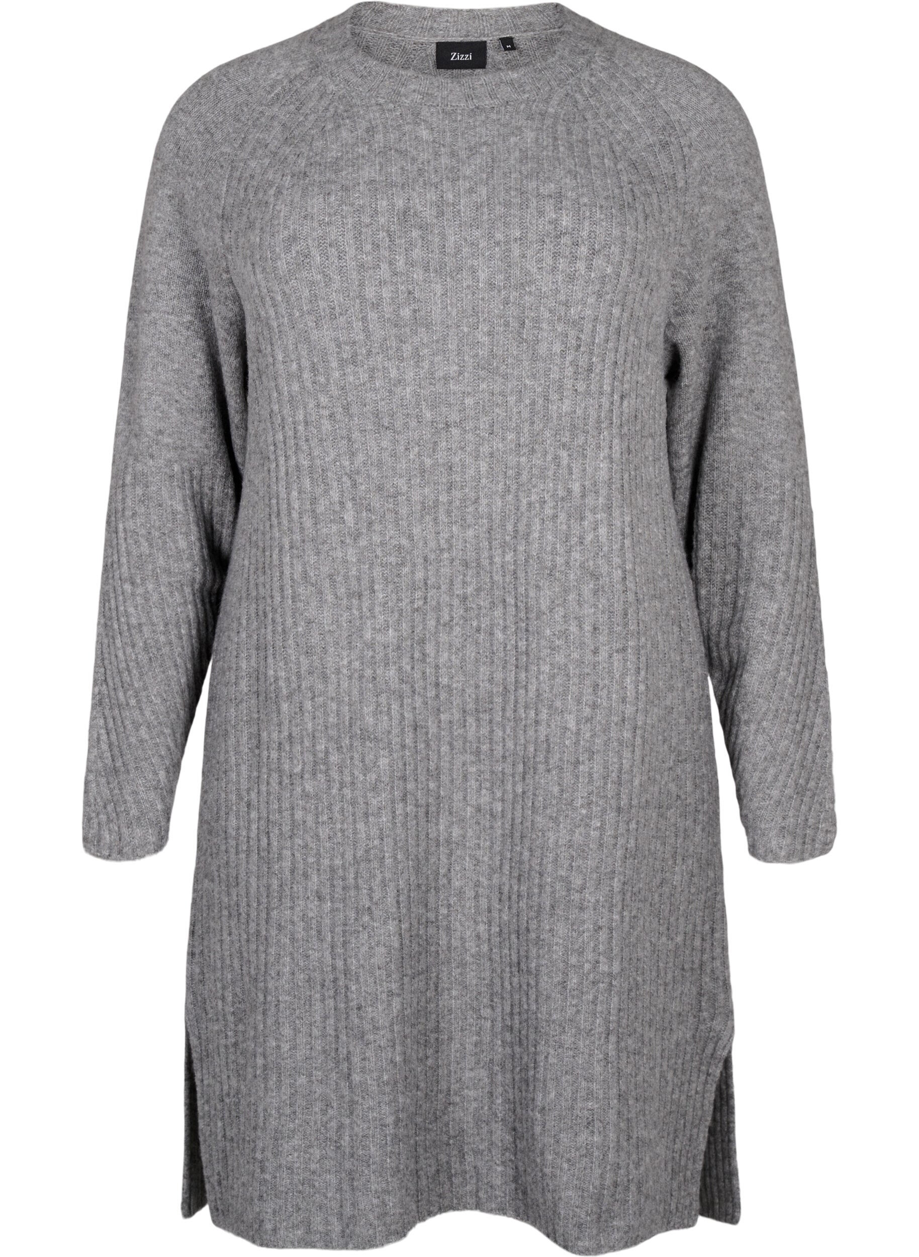 Zizzi Rippstrickkleid mit Schlitz, Light Grey Melange, Packshot image number 0