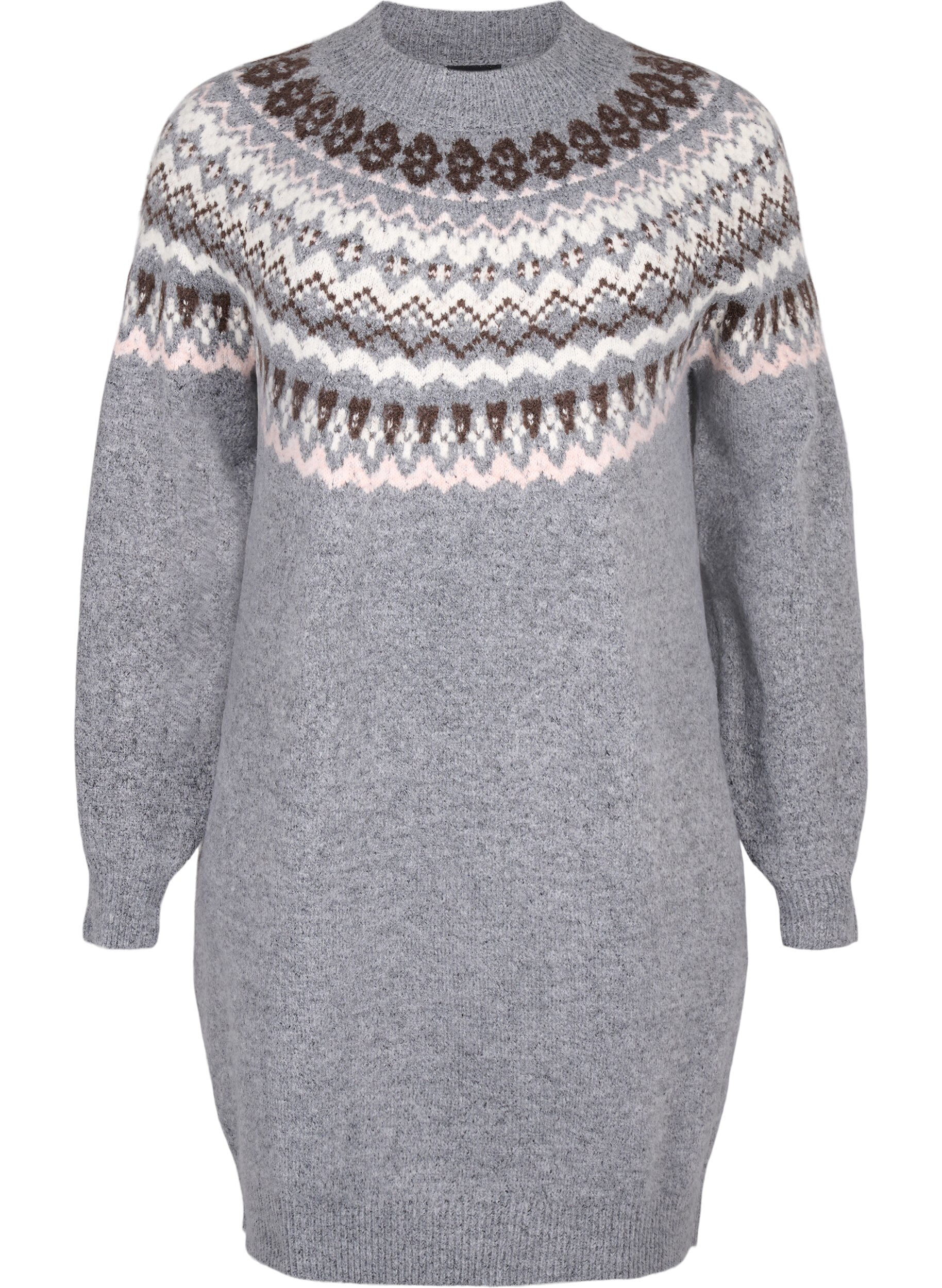 Zizzi Strickkleid mit Jacquardmuster und langen &Auml;rmeln, Medium Grey Comb, Packshot image number 0