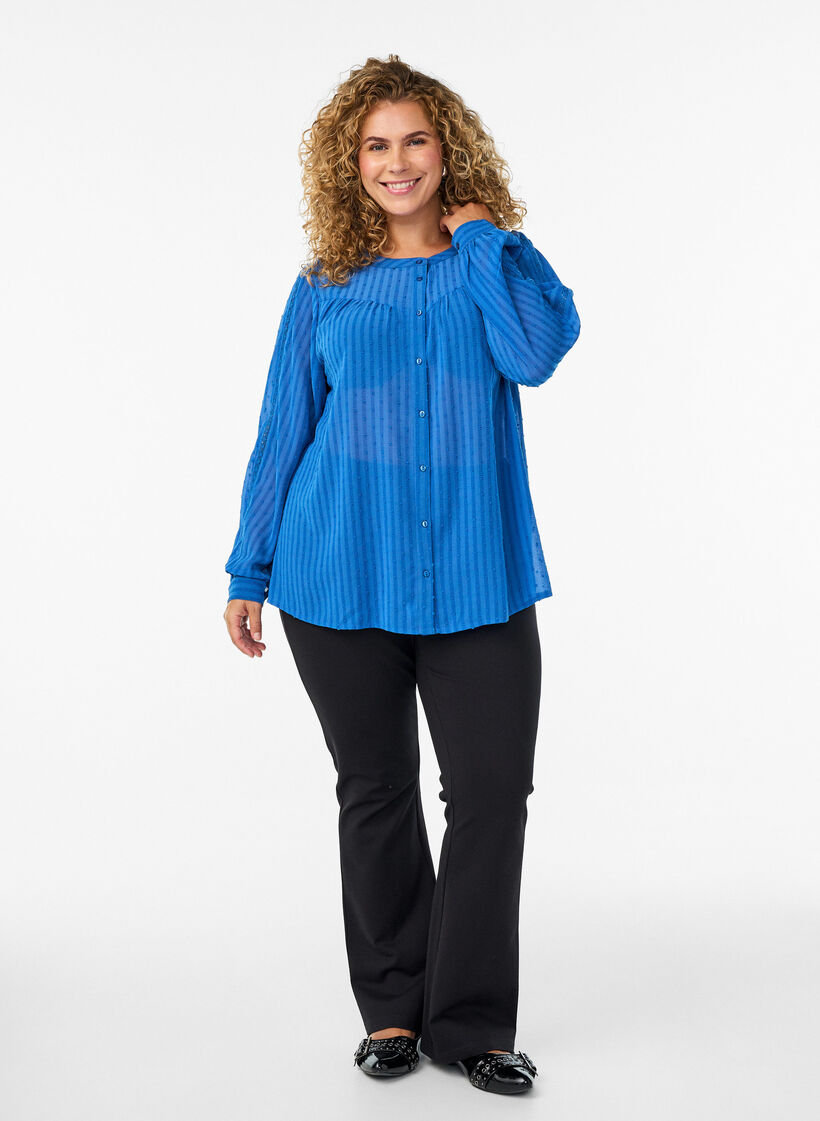 Bluse mit strukturiertem Punktemuster und Stickereidetails, Blau, Model image number 1