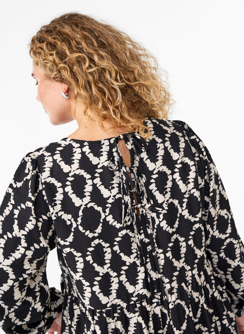 Robe à manches longues avec imprimé et nœuds, Noir, Model image number 3