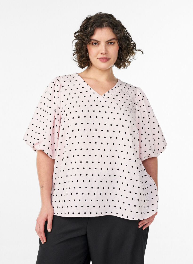 Blouse &agrave; pois et manches ballon, Rose, Model image number 0