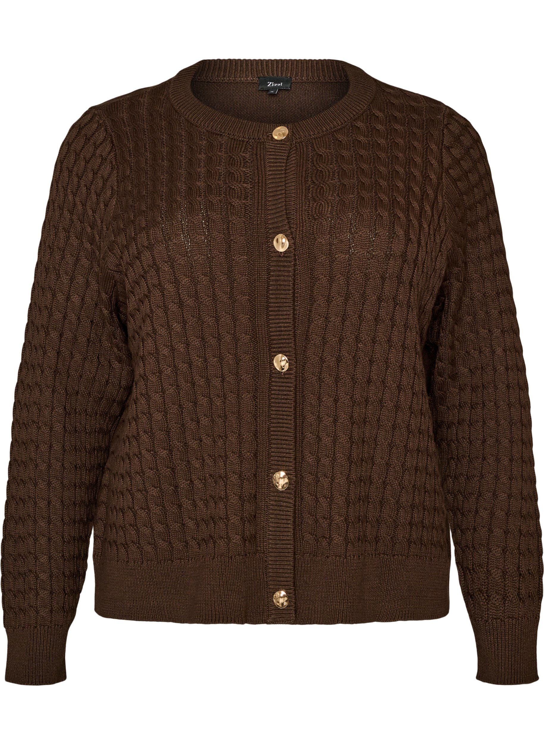 ZizziCardigan en maille torsad&eacute;e avec boutons dor&eacute;s, Marron, Packshot image number 0