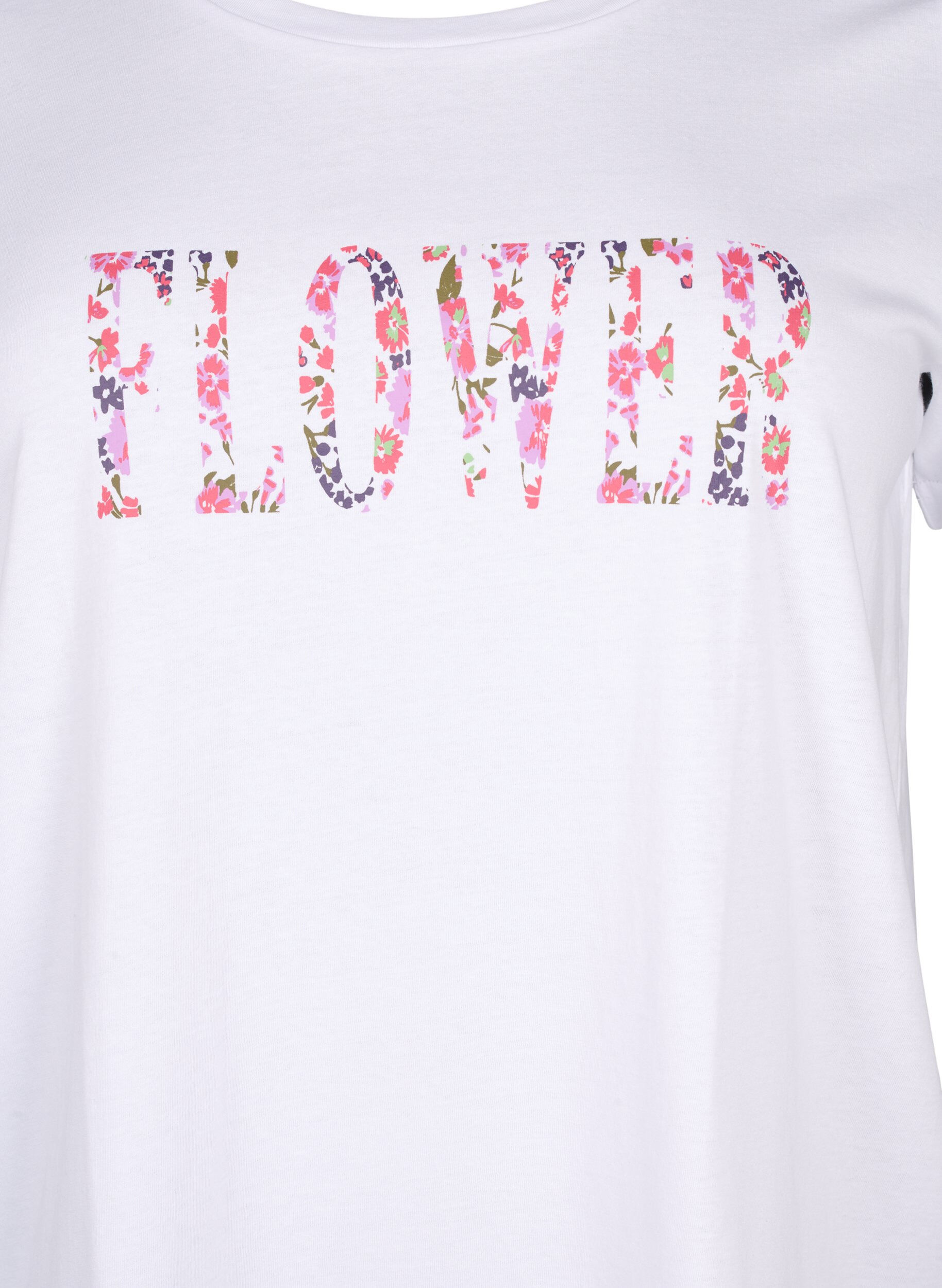 Zizzi T-shirt en coton avec imprim&eacute; texte, B. White w. Flower, Packshot image number 2