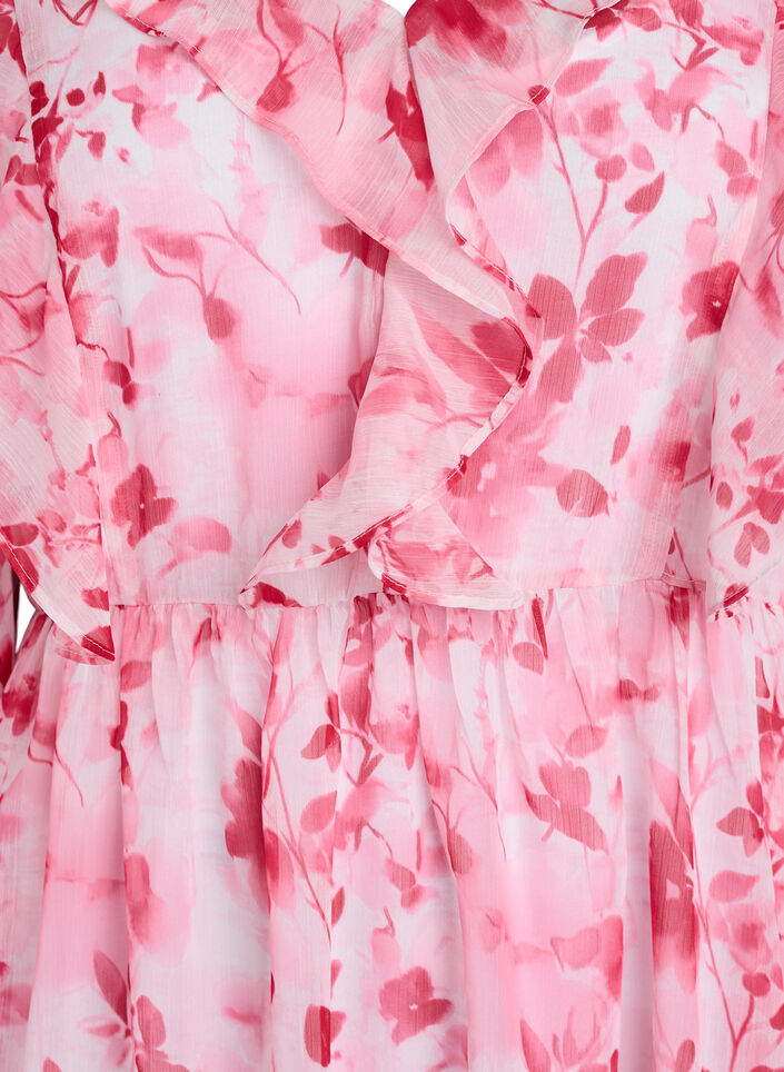 Robe en chiffon fleuri avec volants et manches longues, Rose, Packshot image number 2