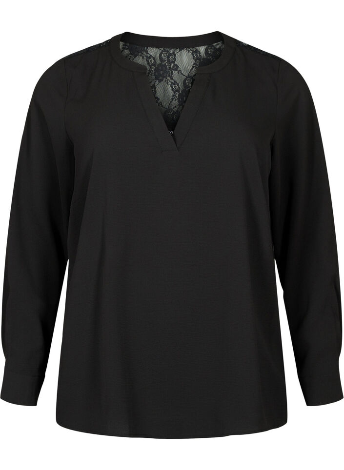 Blouse &agrave; manches longues avec d&eacute;tails en dentelle, Black, Packshot image number 0